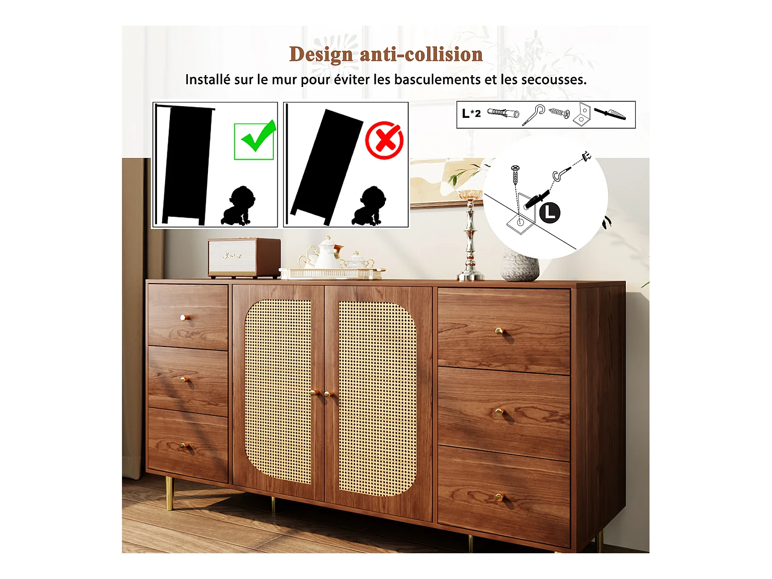 Aparador de MDF 160x40x90cm marrón con puertas y cajones de ratán para cocina y salón