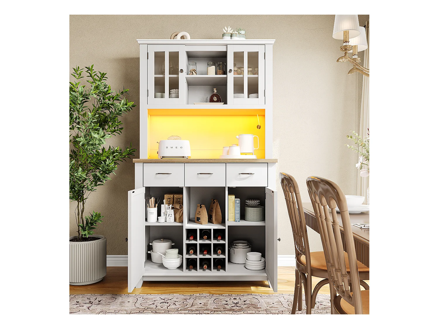 Aparador alto em MDF 106x40x179,5 cm branco com LED, prateleiras reguláveis, armário para cozinha e sala de estar