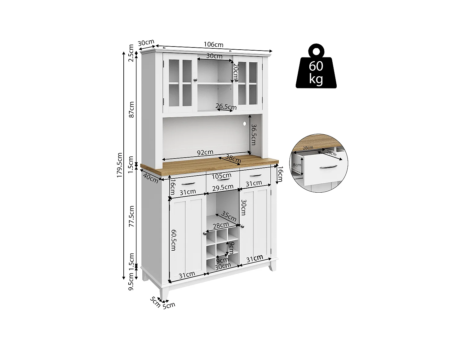 Aparador alto em MDF 106x40x179,5 cm branco com LED, prateleiras reguláveis, armário para cozinha e sala de estar