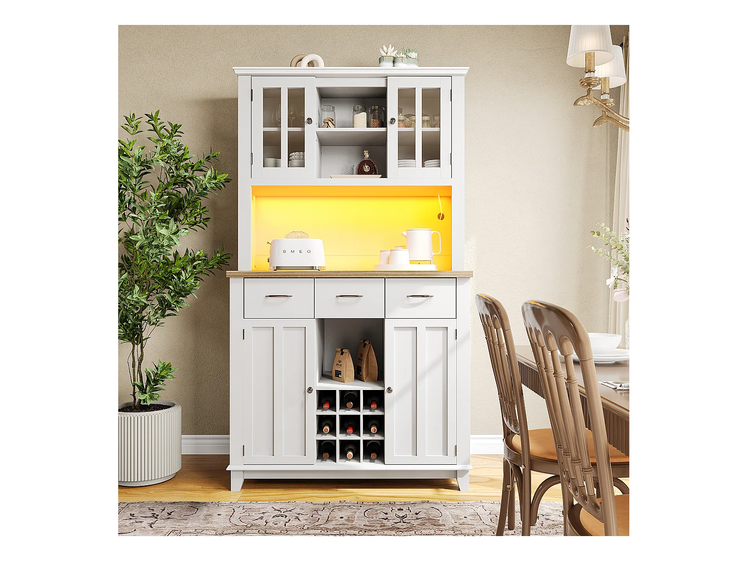 Aparador alto em MDF 106x40x179,5 cm branco com LED, prateleiras reguláveis, armário para cozinha e sala de estar