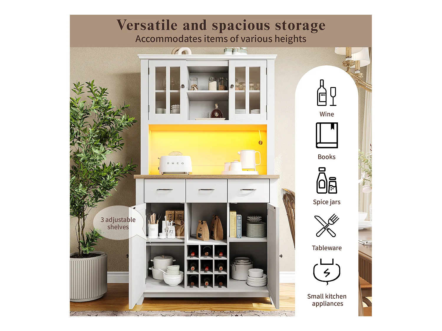 Aparador alto em MDF 106x40x179,5 cm branco com LED, prateleiras reguláveis, armário para cozinha e sala de estar