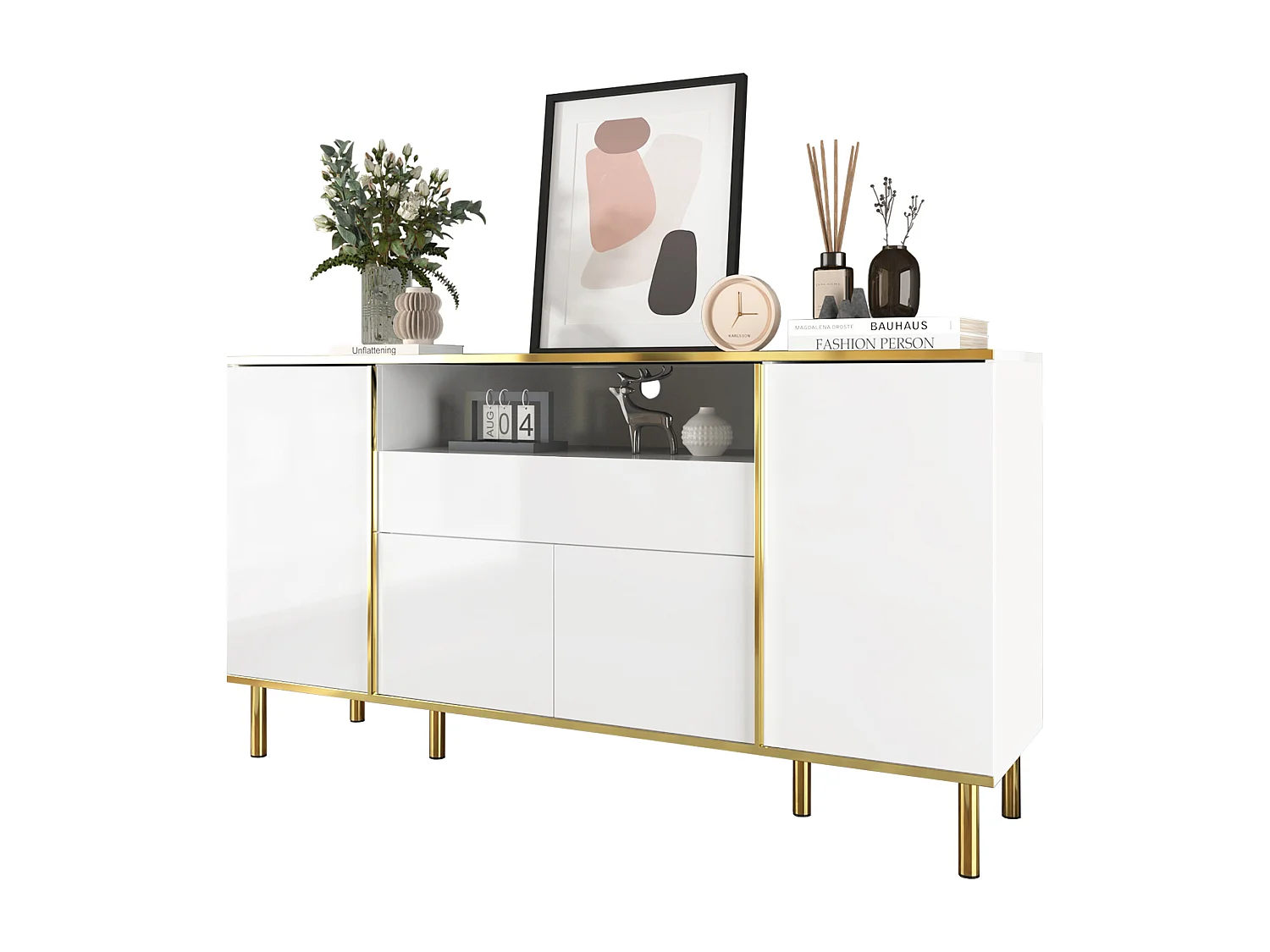Buffet MDF laccato bianco 1 cassetto LED rangement chambre salon 150x40x80 cm
