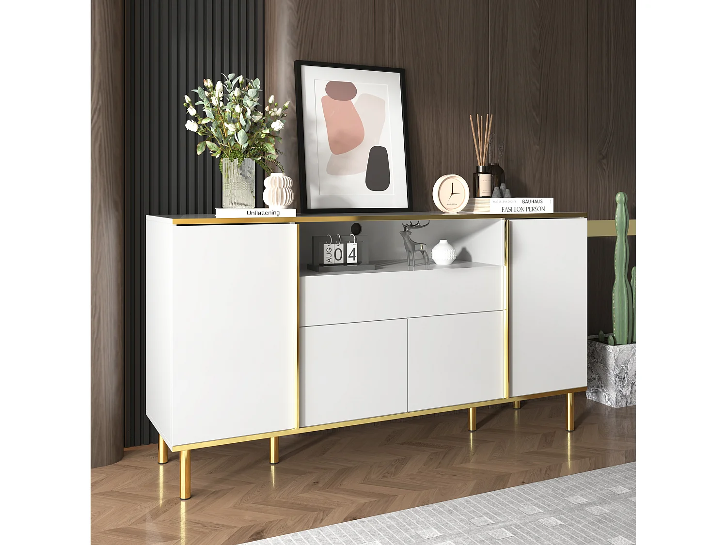 Buffet MDF laccato bianco 1 cassetto LED rangement chambre salon 150x40x80 cm