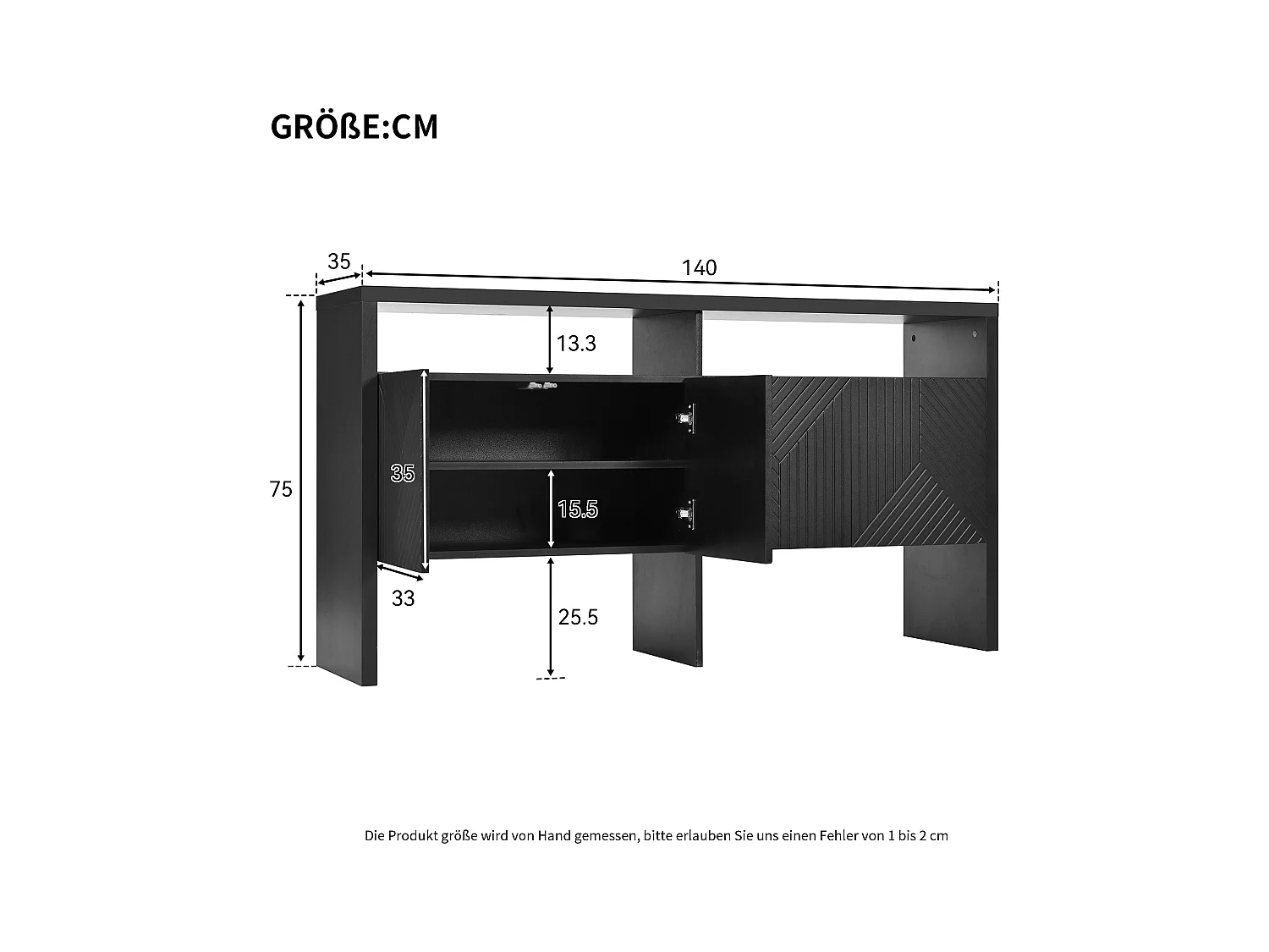 Aparador de MDF com 4 portas e 2 nichos para hall de entrada, sala de estar, preto, 140 x 75 cm, design moderno