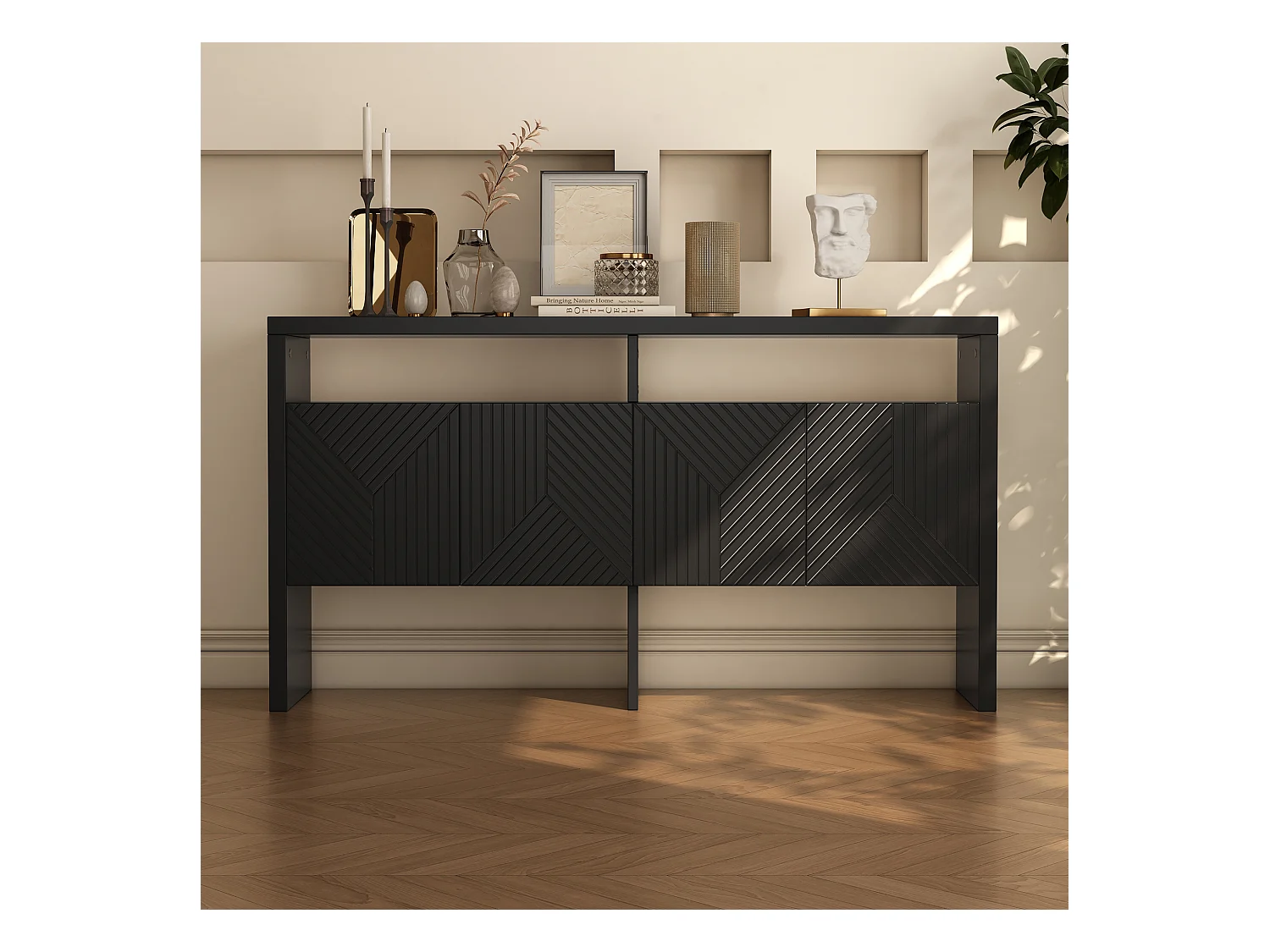 Aparador de MDF com 4 portas e 2 nichos para hall de entrada, sala de estar, preto, 140 x 75 cm, design moderno