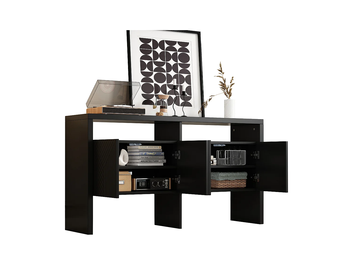 Aparador de MDF com 4 portas e 2 nichos para hall de entrada, sala de estar, preto, 140 x 75 cm, design moderno