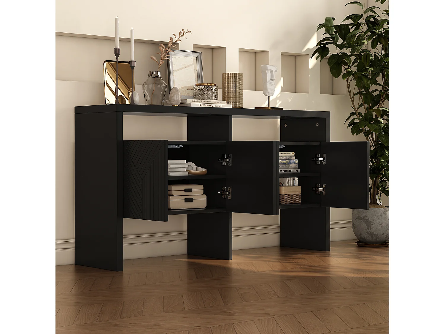 Aparador de MDF com 4 portas e 2 nichos para hall de entrada, sala de estar, preto, 140 x 75 cm, design moderno