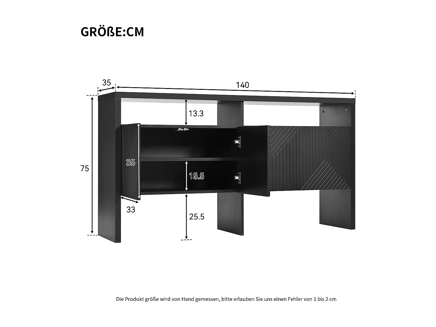 Aparador de MDF com 4 portas e 2 nichos para hall de entrada, sala de estar, preto, 140 x 75 cm, design moderno
