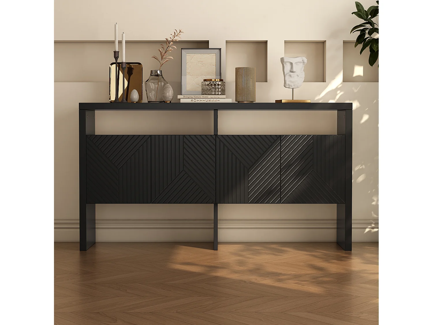 Aparador de MDF com 4 portas e 2 nichos para hall de entrada, sala de estar, preto, 140 x 75 cm, design moderno