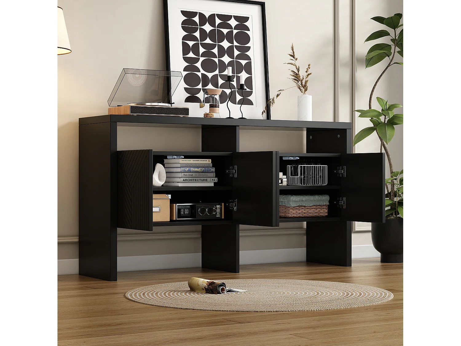 Aparador de MDF com 4 portas e 2 nichos para hall de entrada, sala de estar, preto, 140 x 75 cm, design moderno