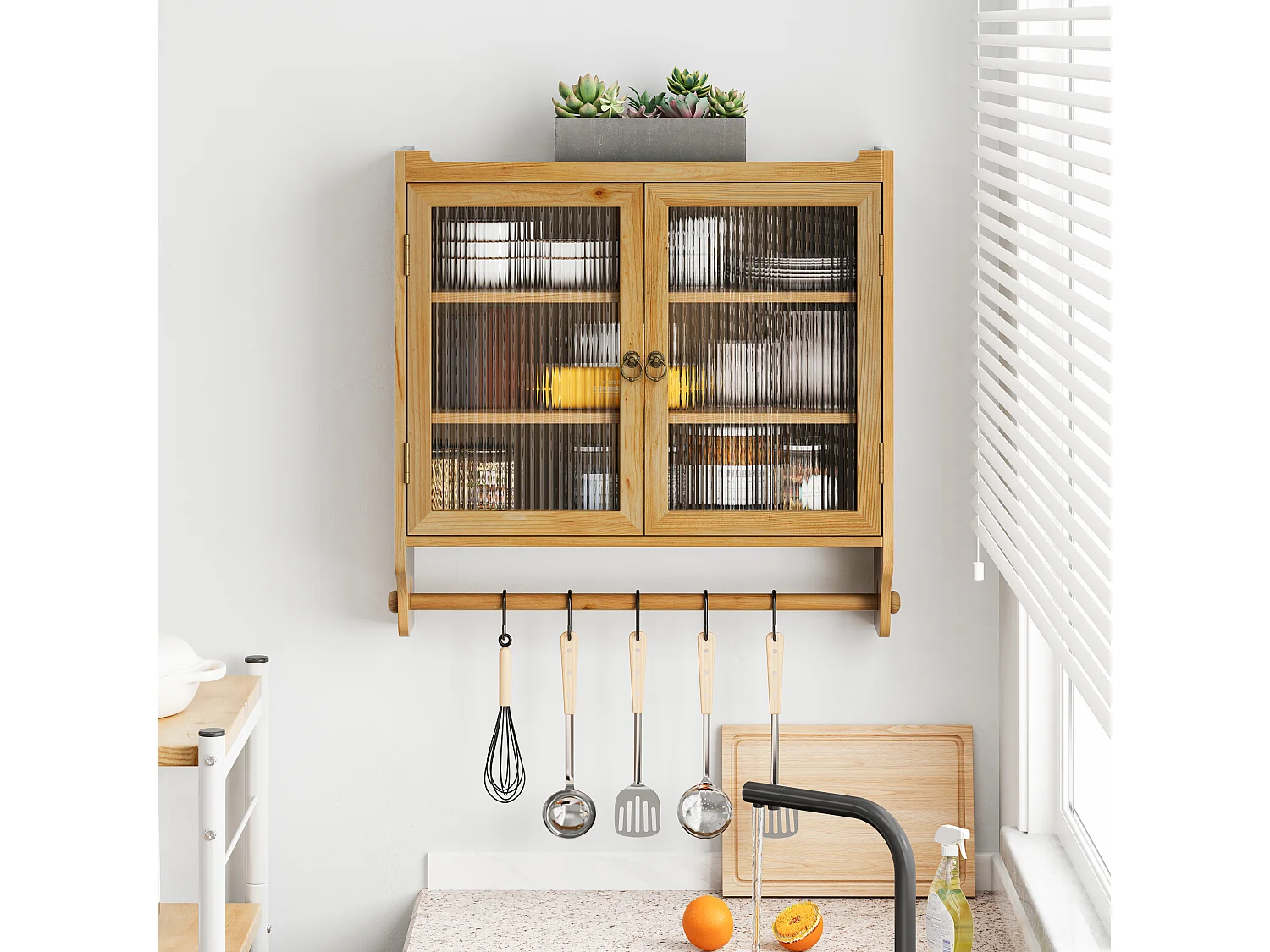 Meuble mural double porte verre bois massif MDF rangement salle de bain cuisine naturel 63x18x60 cm