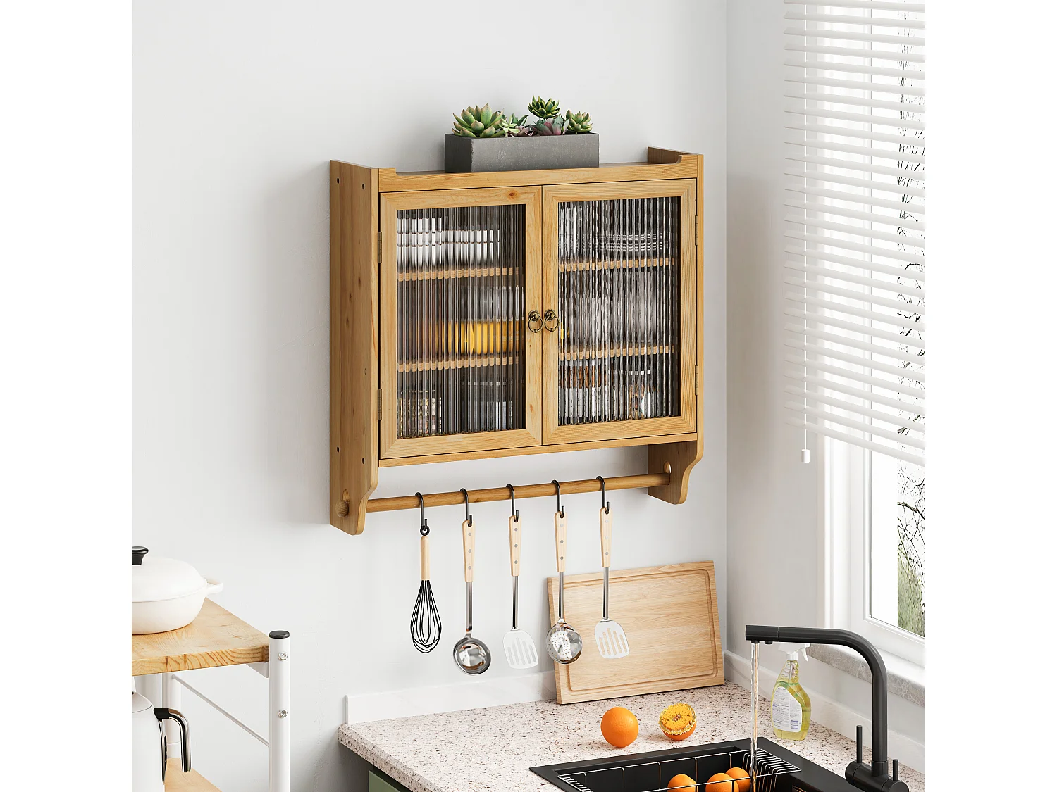 Meuble mural double porte verre bois massif MDF rangement salle de bain cuisine naturel 63x18x60 cm