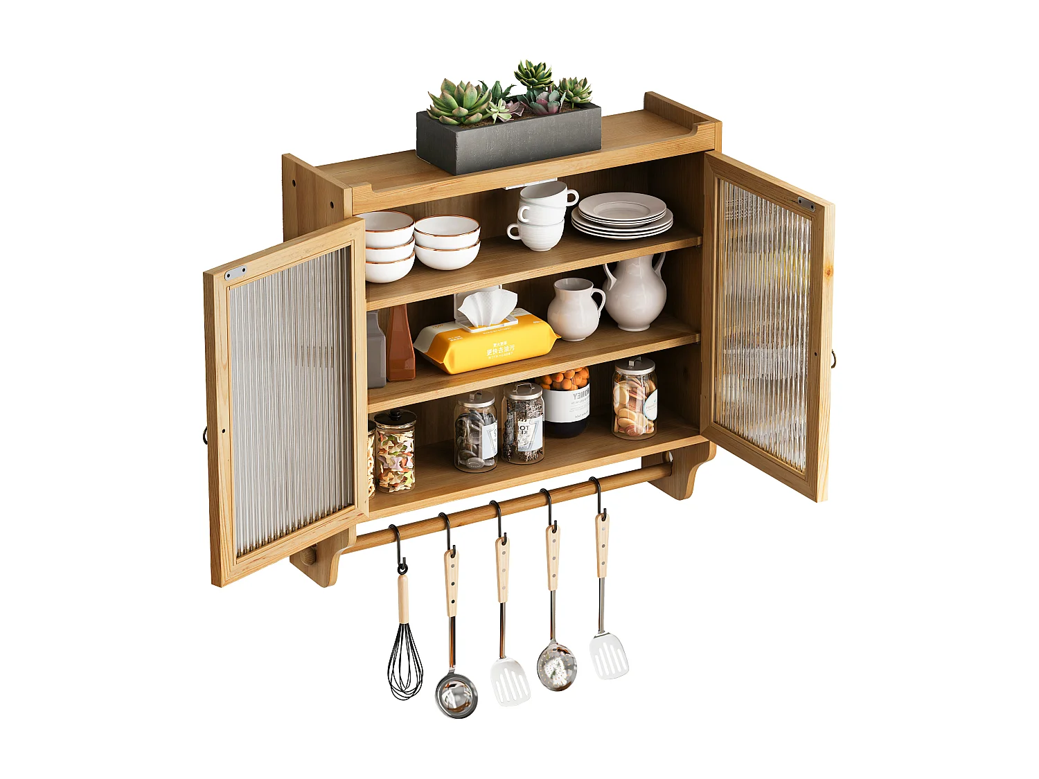 Meuble mural double porte verre bois massif MDF rangement salle de bain cuisine naturel 63x18x60 cm
