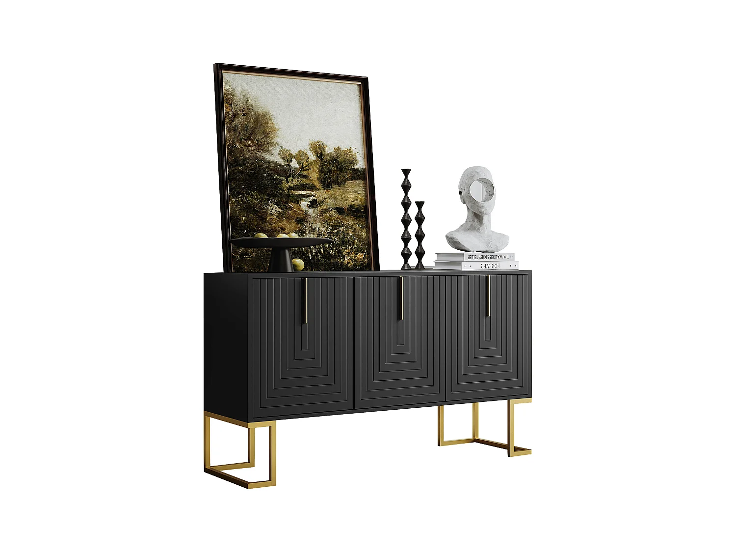 Aparador de MDF de 3 puertas de diseño moderno con estantes ajustables y patas de metal negro.