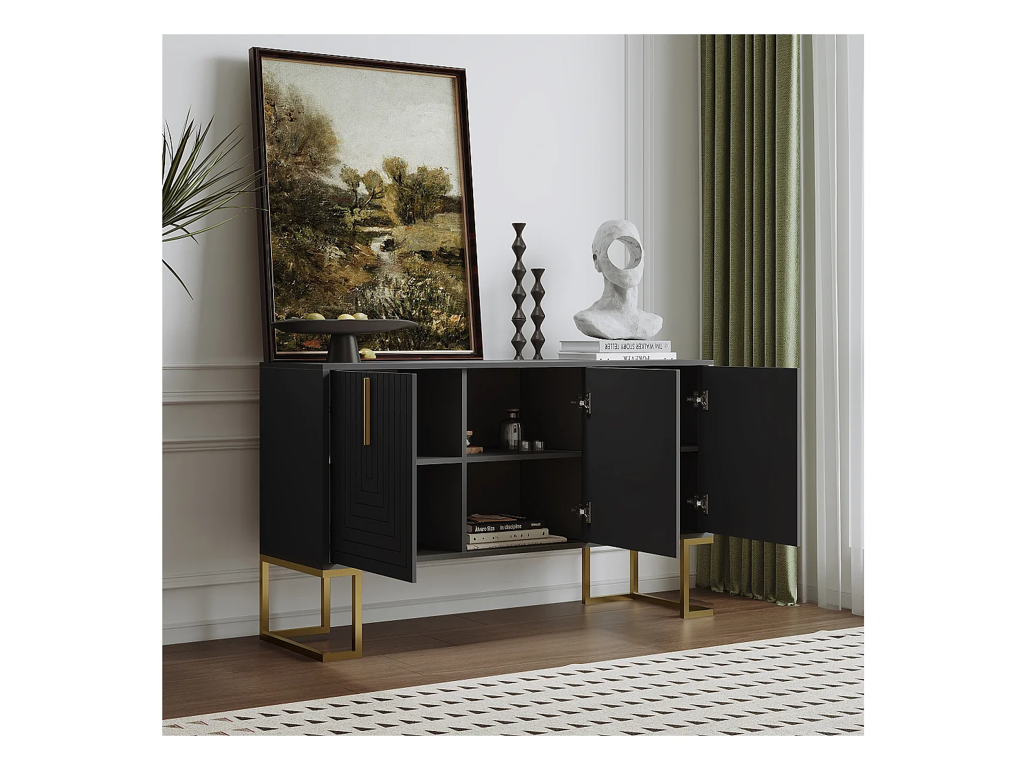 Aparador de MDF de 3 puertas de diseño moderno con estantes ajustables y patas de metal negro.