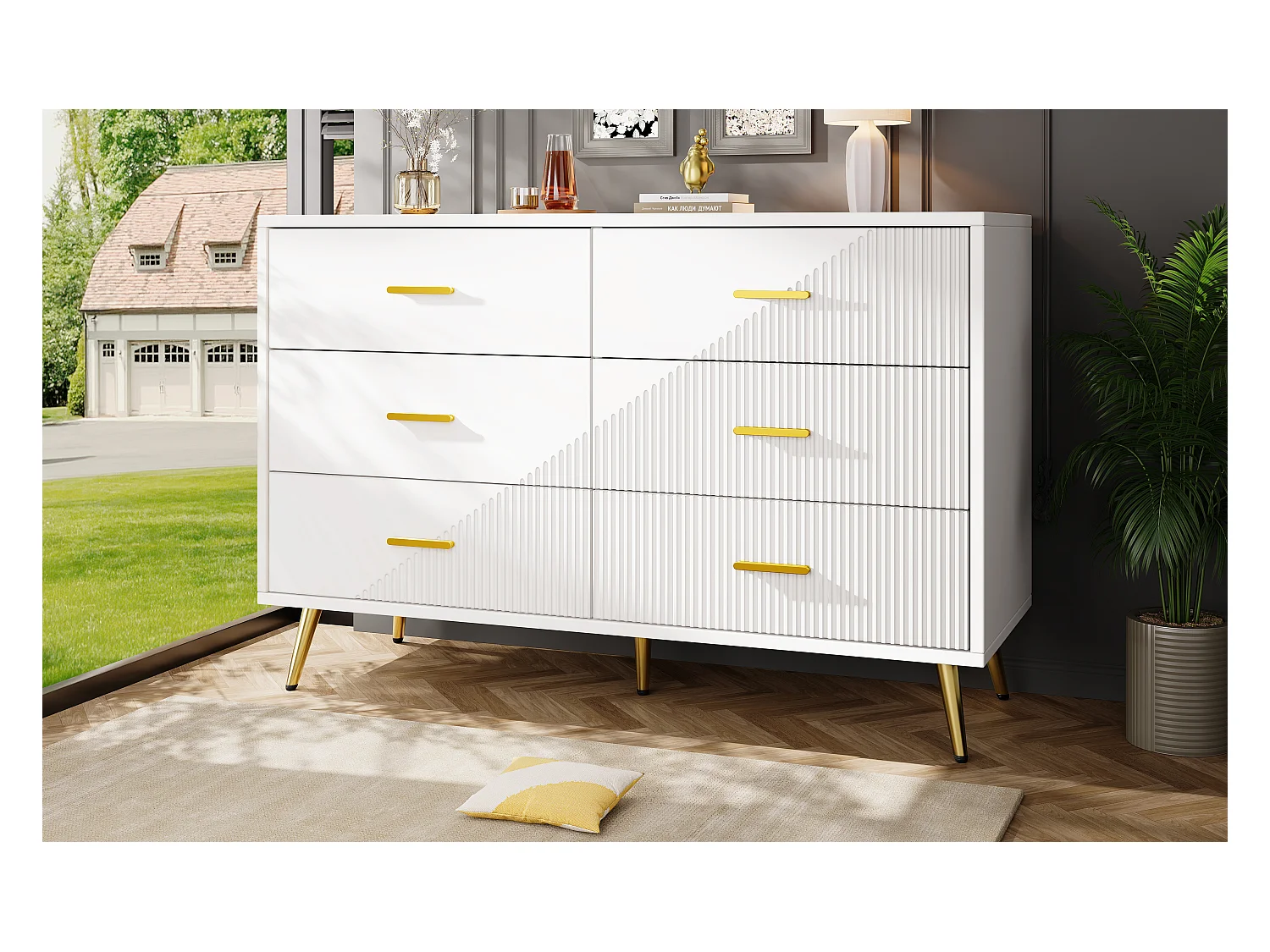 Cômoda moderna de MDF com 6 gavetas, armazenamento, sala de estar, quarto, branca, pés dourados, 120x40x75cm