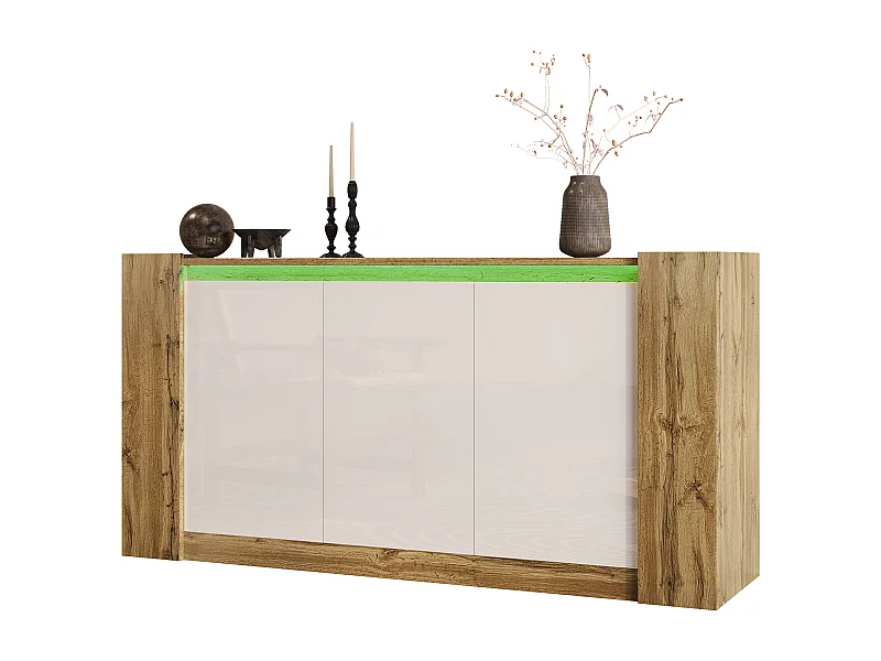 Aparador em madeira MDF lacado branco sem puxador LED sala quarto 150x40x70 cm
