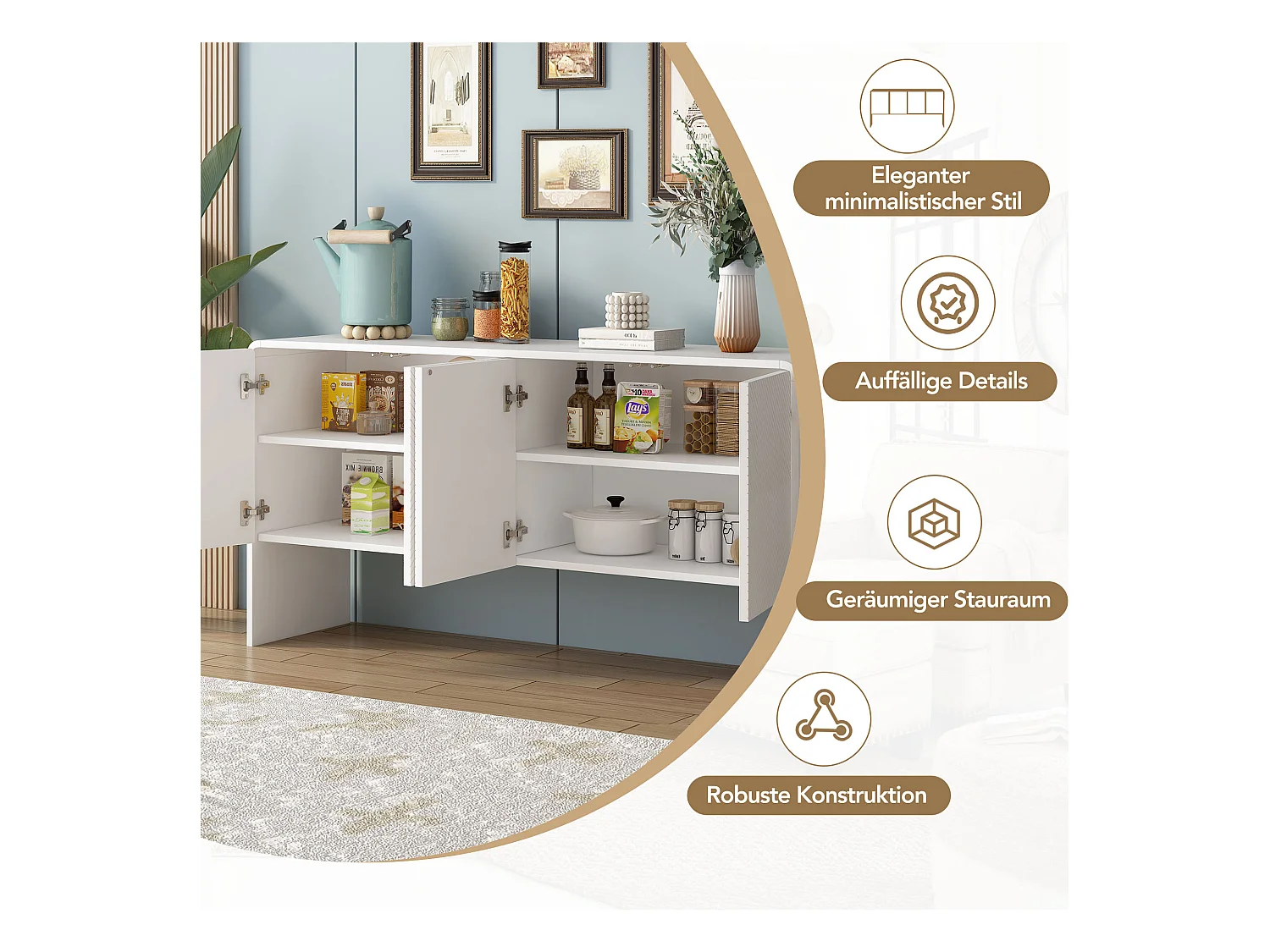 Aparador de MDF de 4 puertas de estilo minimalista con almacenaje y apertura push en color blanco