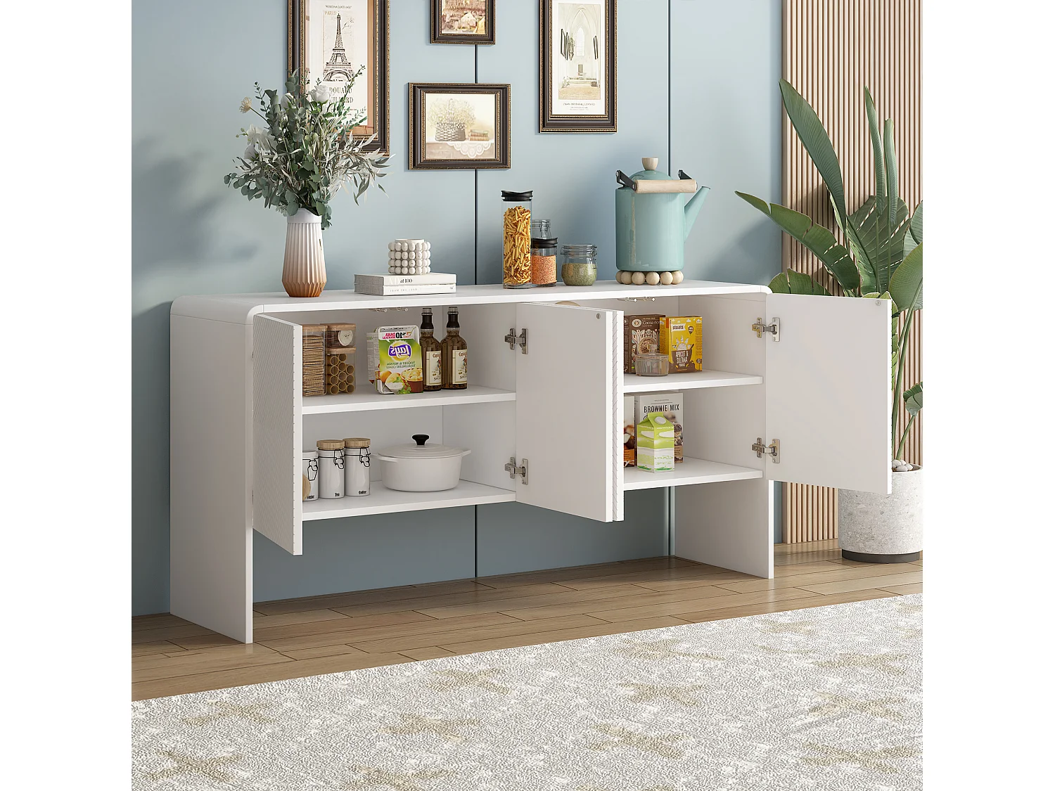 Aparador de MDF de 4 puertas de estilo minimalista con almacenaje y apertura push en color blanco