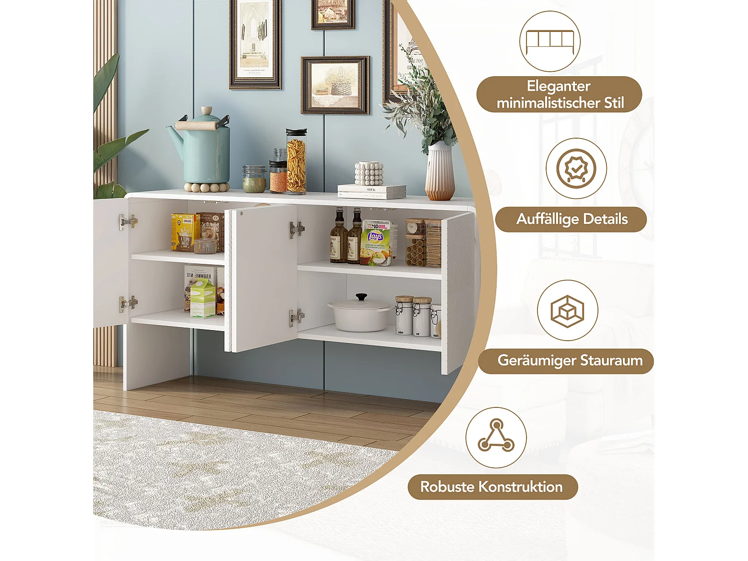 Aparador de MDF de 4 puertas de estilo minimalista con almacenaje y apertura push en color blanco