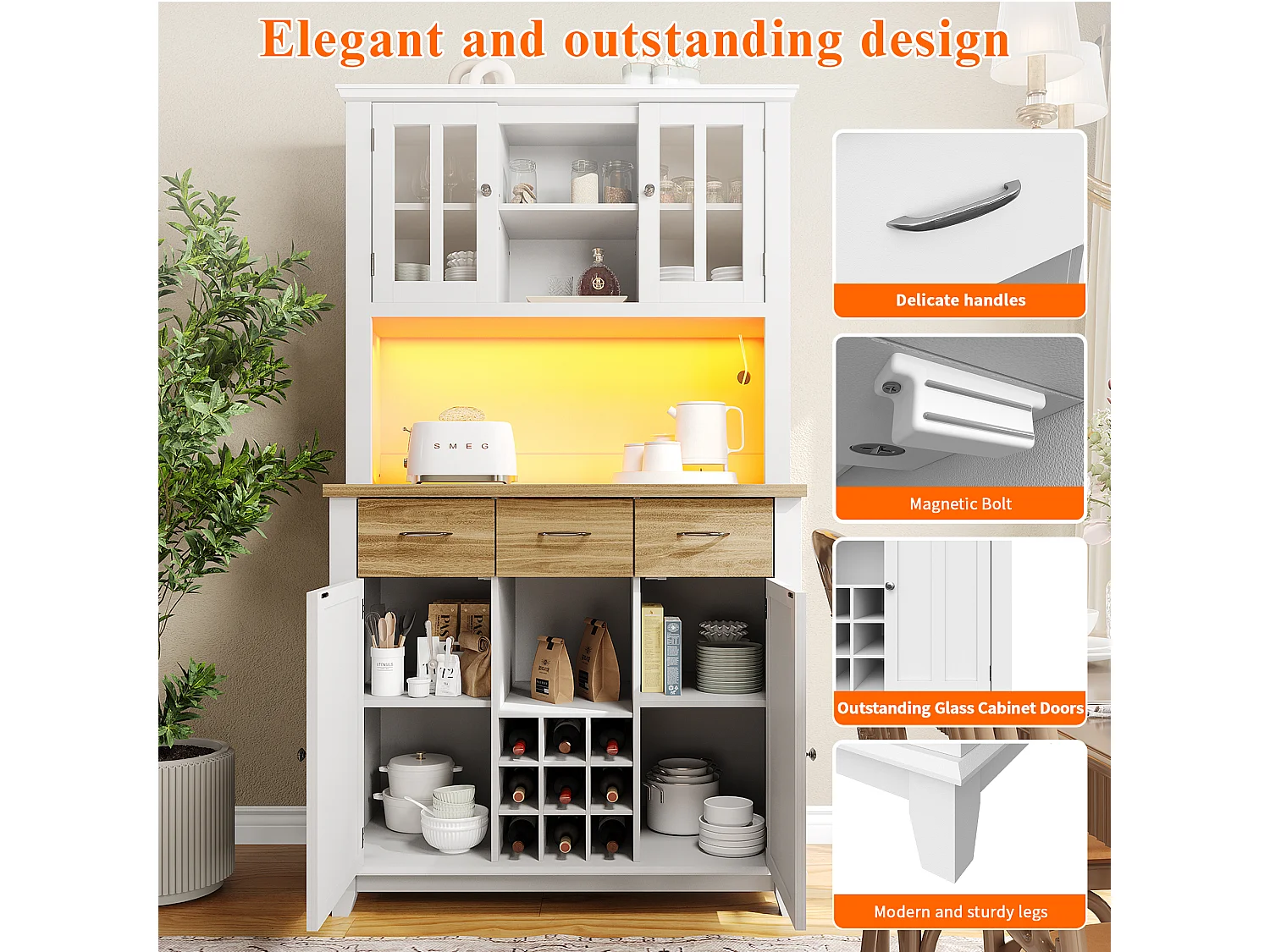 Buffet alto MDF 106x40x179,5 cm bois clair con LED, étagères réglables, rangement kitchen salon