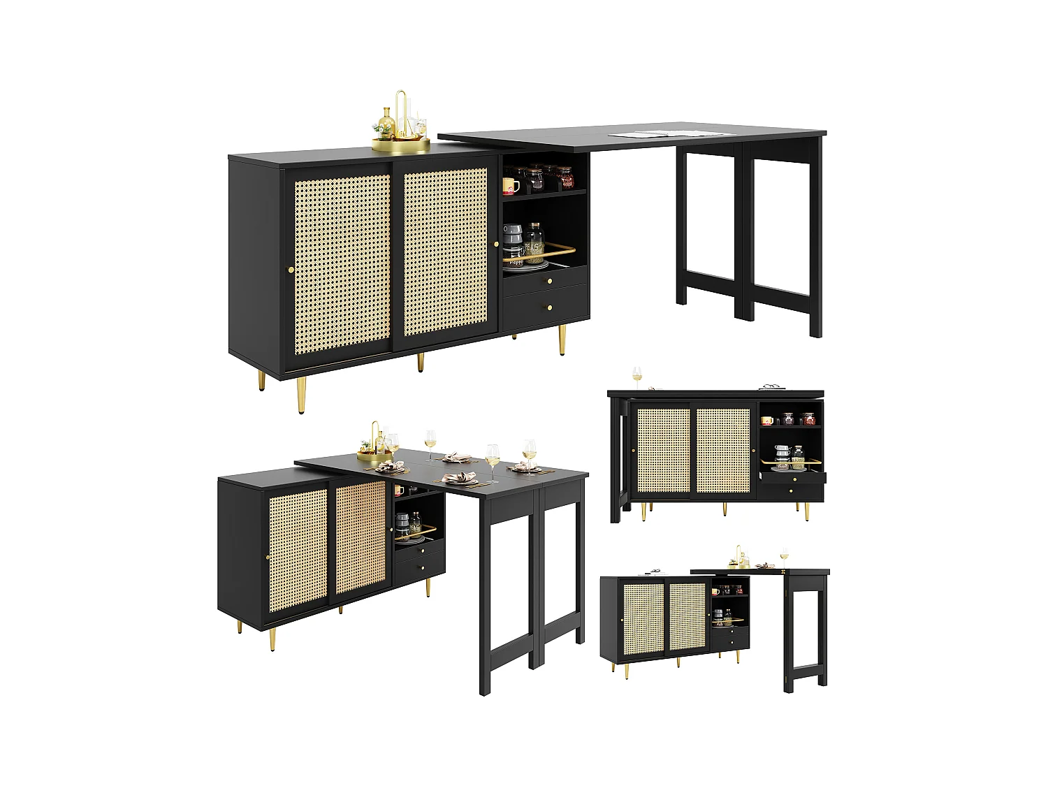 Mesa alta MDF 107x40x71,4cm Negro Almacenamiento Ratán Extensible Cocina Comedor