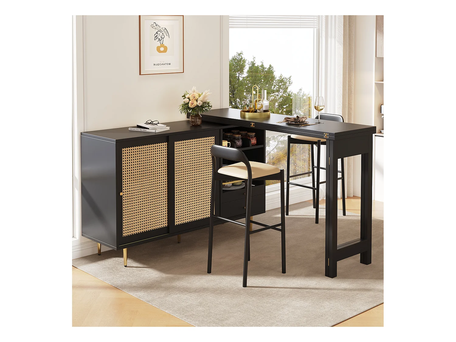 Mesa alta MDF 107x40x71,4cm Negro Almacenamiento Ratán Extensible Cocina Comedor