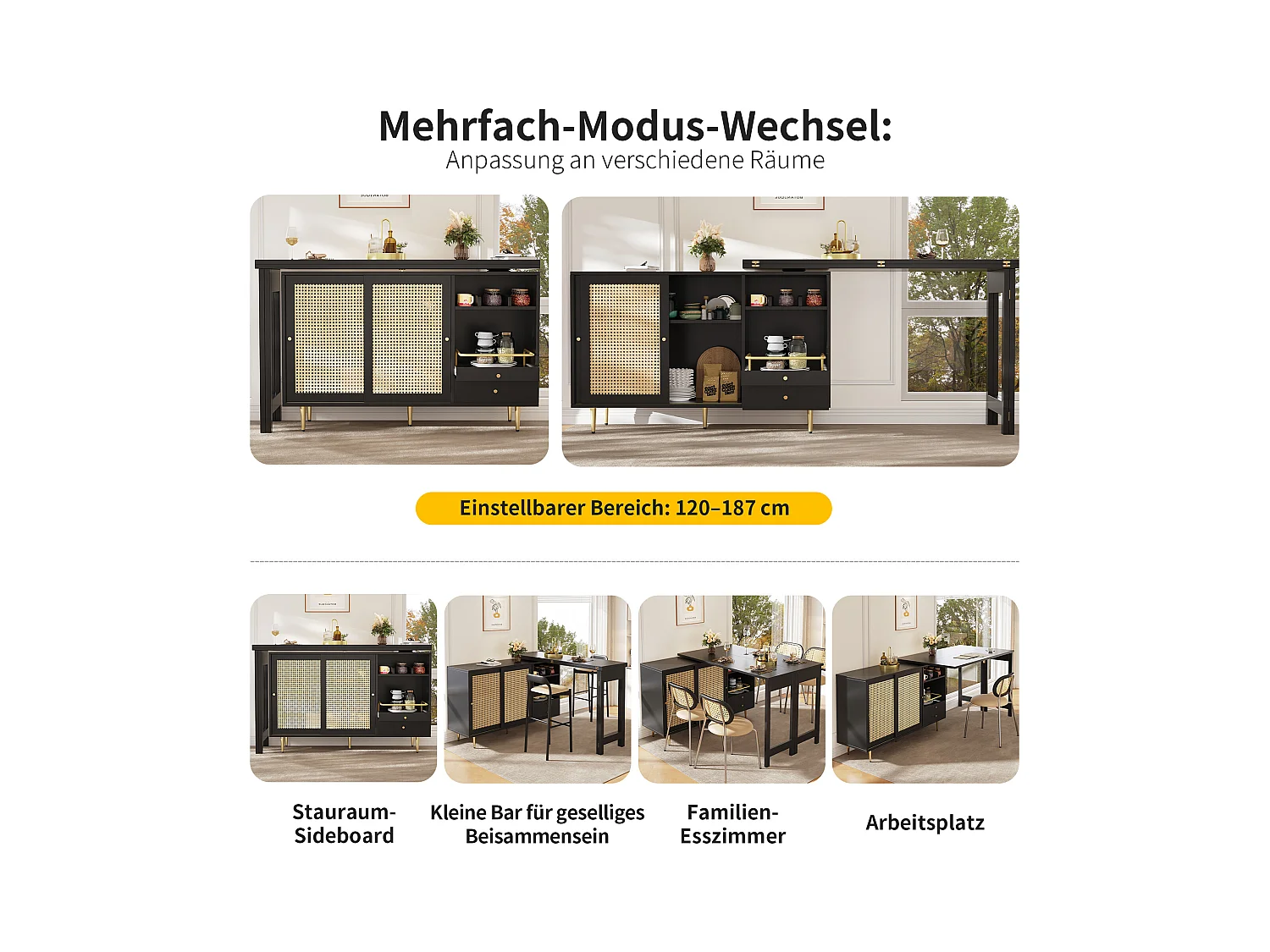 Mesa alta MDF 107x40x71,4cm Negro Almacenamiento Ratán Extensible Cocina Comedor