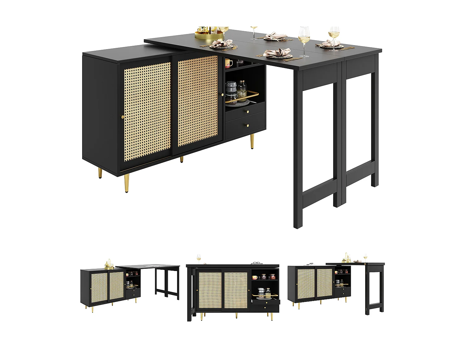 Mesa alta MDF 107x40x71,4cm Preto Armazenamento Rattan Extensível Cozinha Sala de Jantar