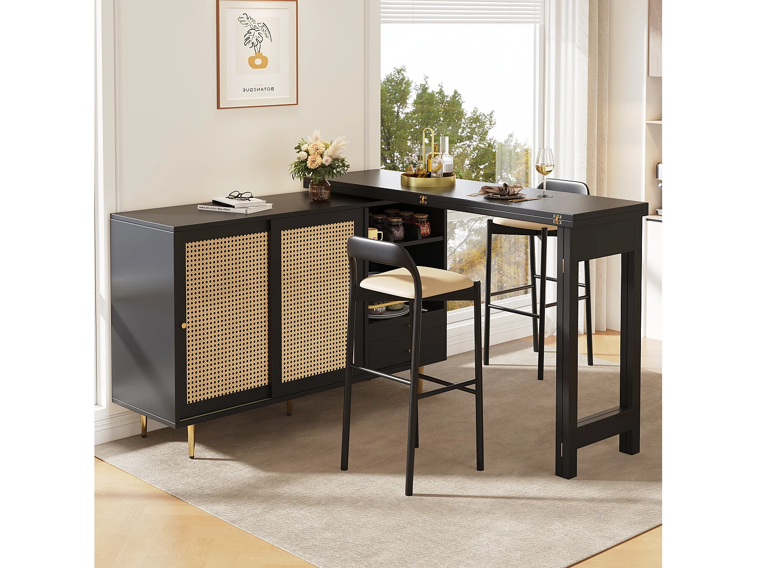 Mesa alta MDF 107x40x71,4cm Preto Armazenamento Rattan Extensível Cozinha Sala de Jantar