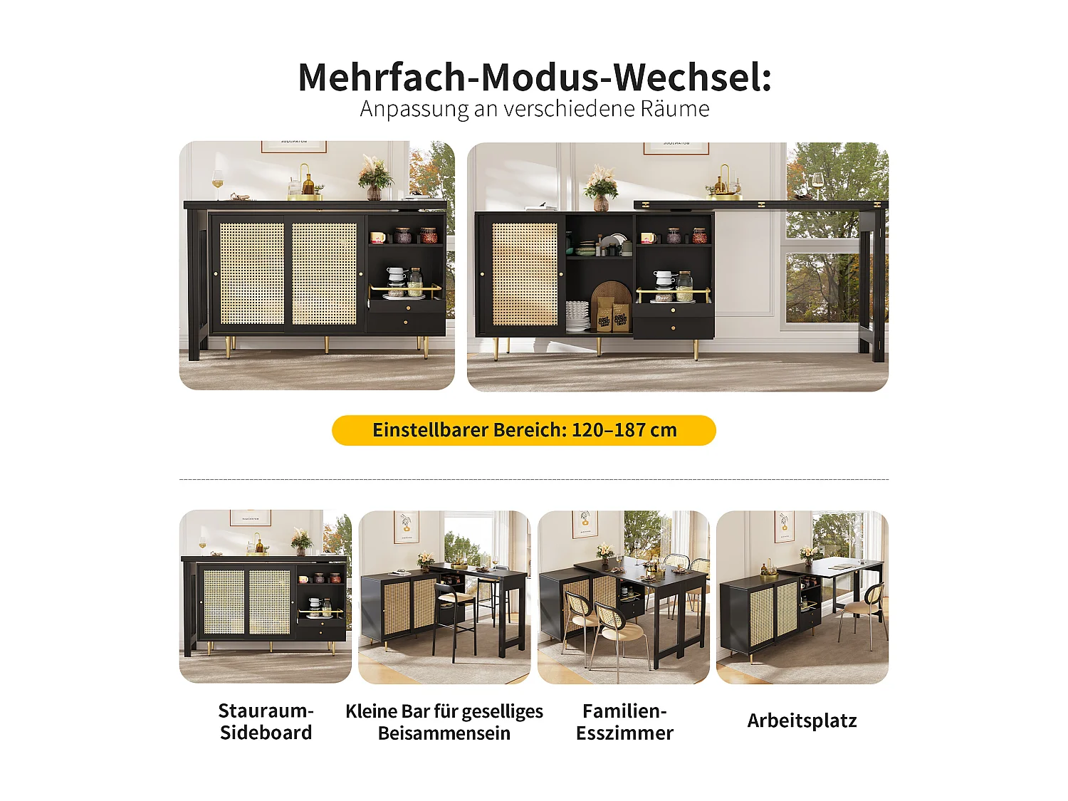 Mesa alta MDF 107x40x71,4cm Preto Armazenamento Rattan Extensível Cozinha Sala de Jantar