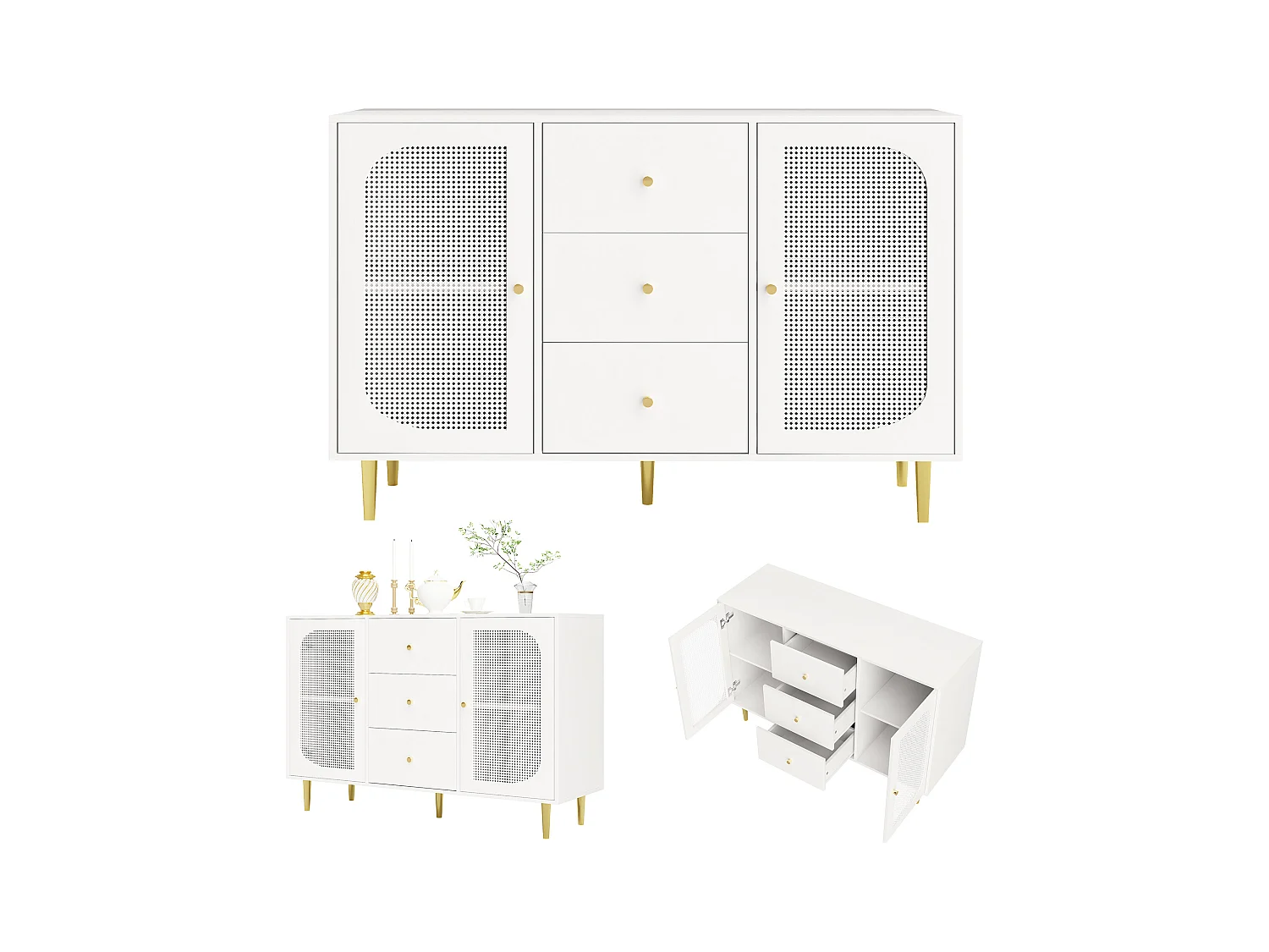 Aparador de MDF 120x40x90cm blanco con puertas y cajones de ratán PE para cocina y salón