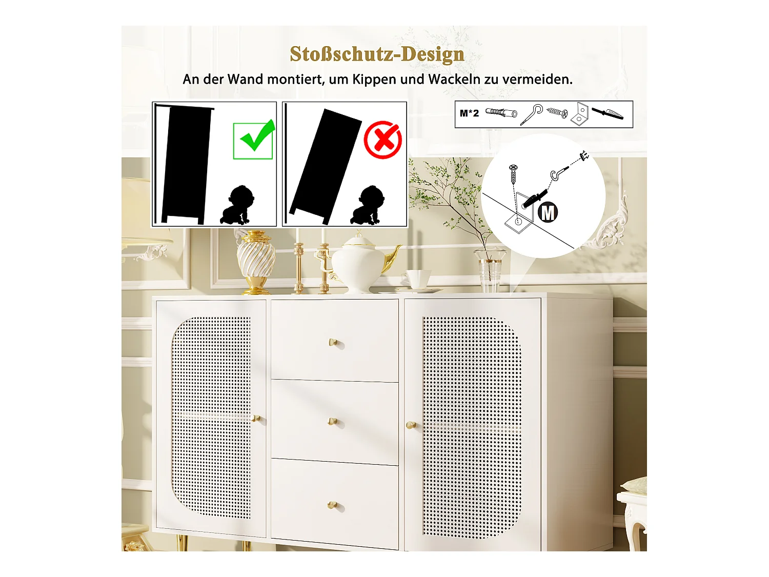 Aparador de MDF 120x40x90cm blanco con puertas y cajones de ratán PE para cocina y salón