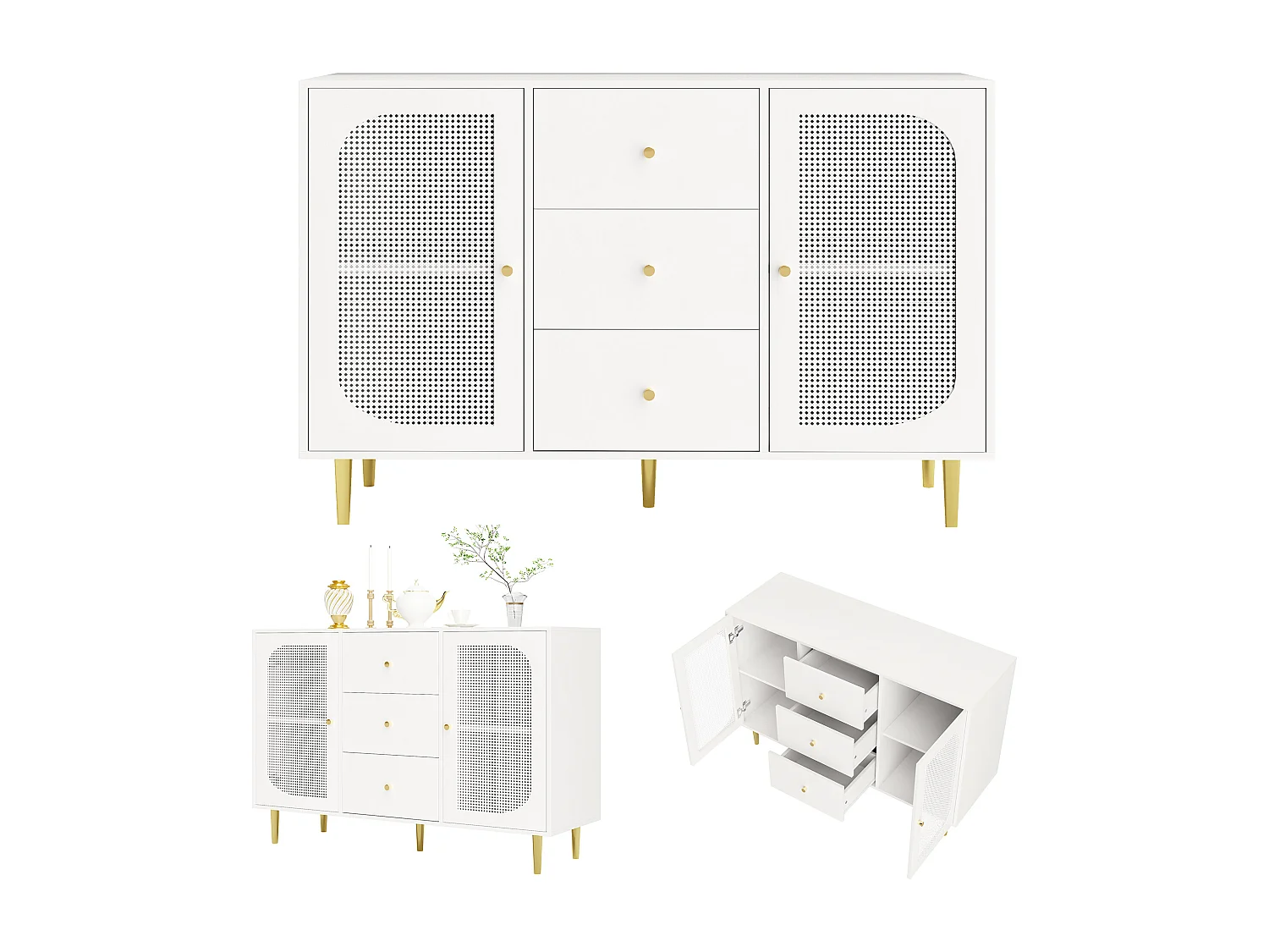 Aparador de MDF 120x40x90cm blanco con puertas y cajones de ratán PE para cocina y salón