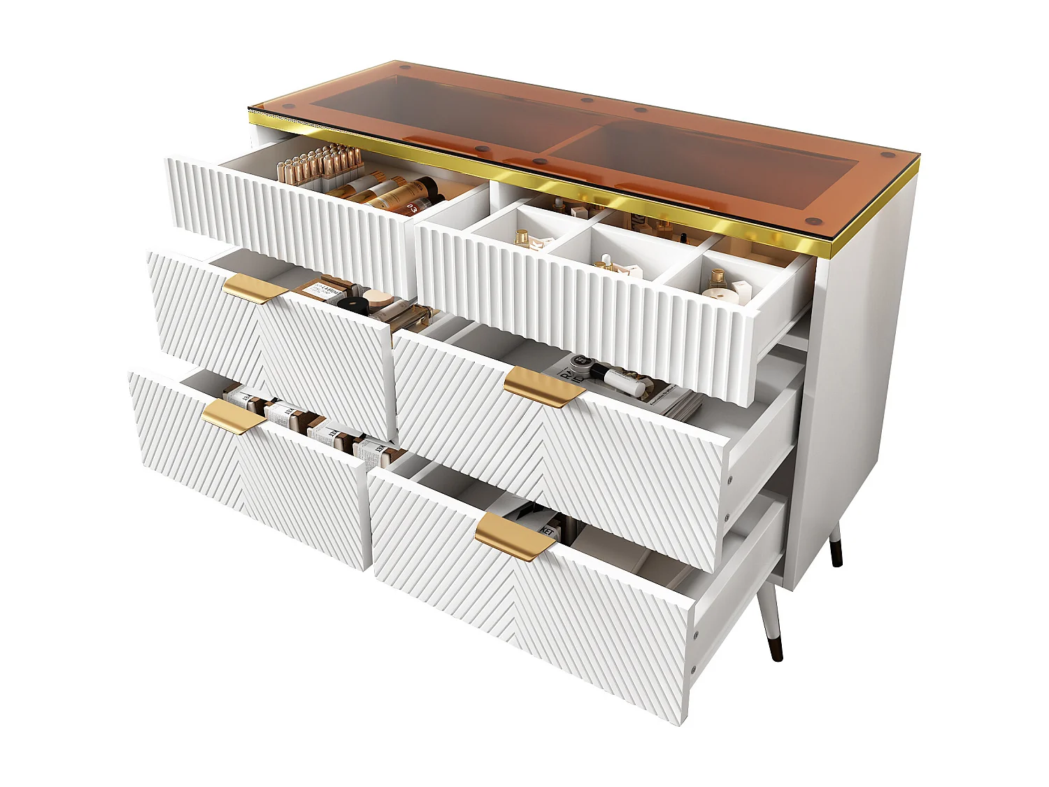 Aparador de vidro âmbar 6 gavetas MDF metal armazenamento sala estar quarto 120x40x76 cm branco