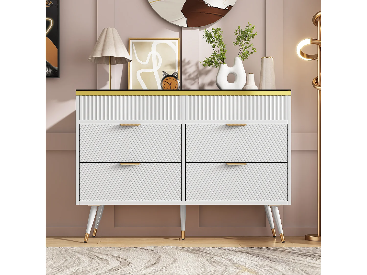 Aparador de vidro âmbar 6 gavetas MDF metal armazenamento sala estar quarto 120x40x76 cm branco