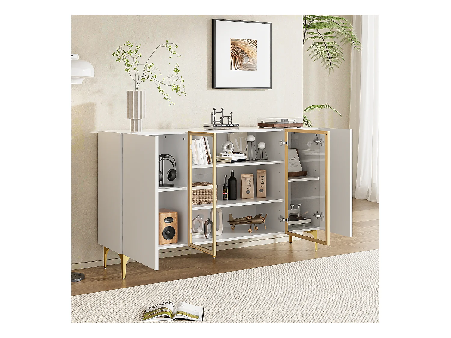 Aparador baixo com 4 portas, MDF branco com pés de metal dourado, moderno armário de sala de estar, 150x38x85 cm