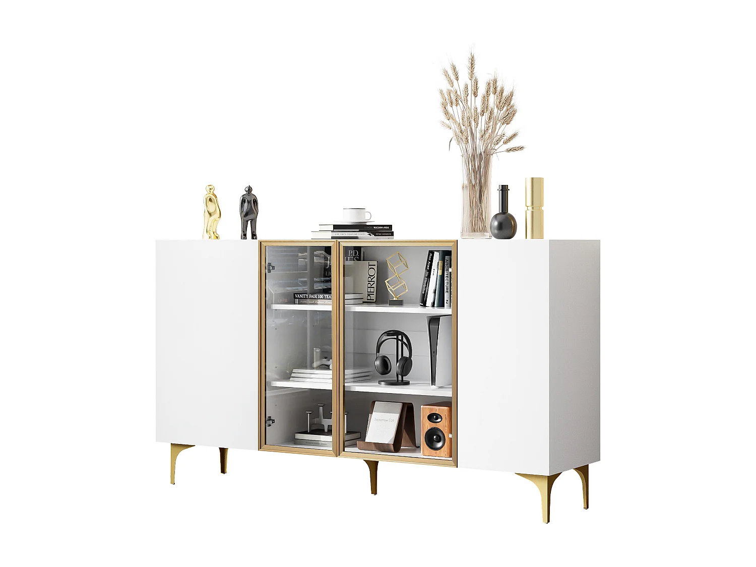 Aparador baixo com 4 portas, MDF branco com pés de metal dourado, moderno armário de sala de estar, 150x38x85 cm