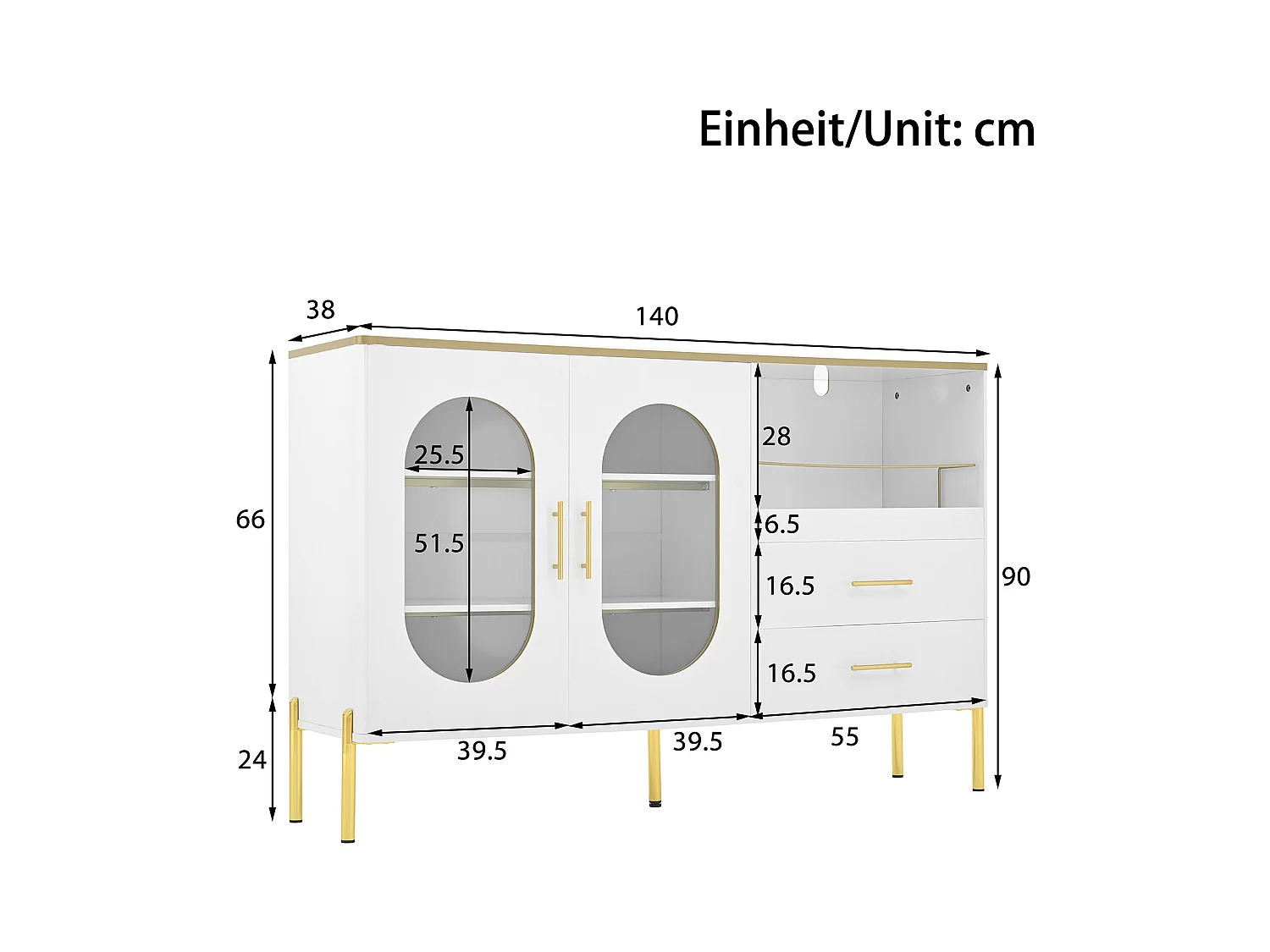 Buffet MDF bianco con porte vetrate e 2 cassetti, rangement salon salle à manger, pieds dorés