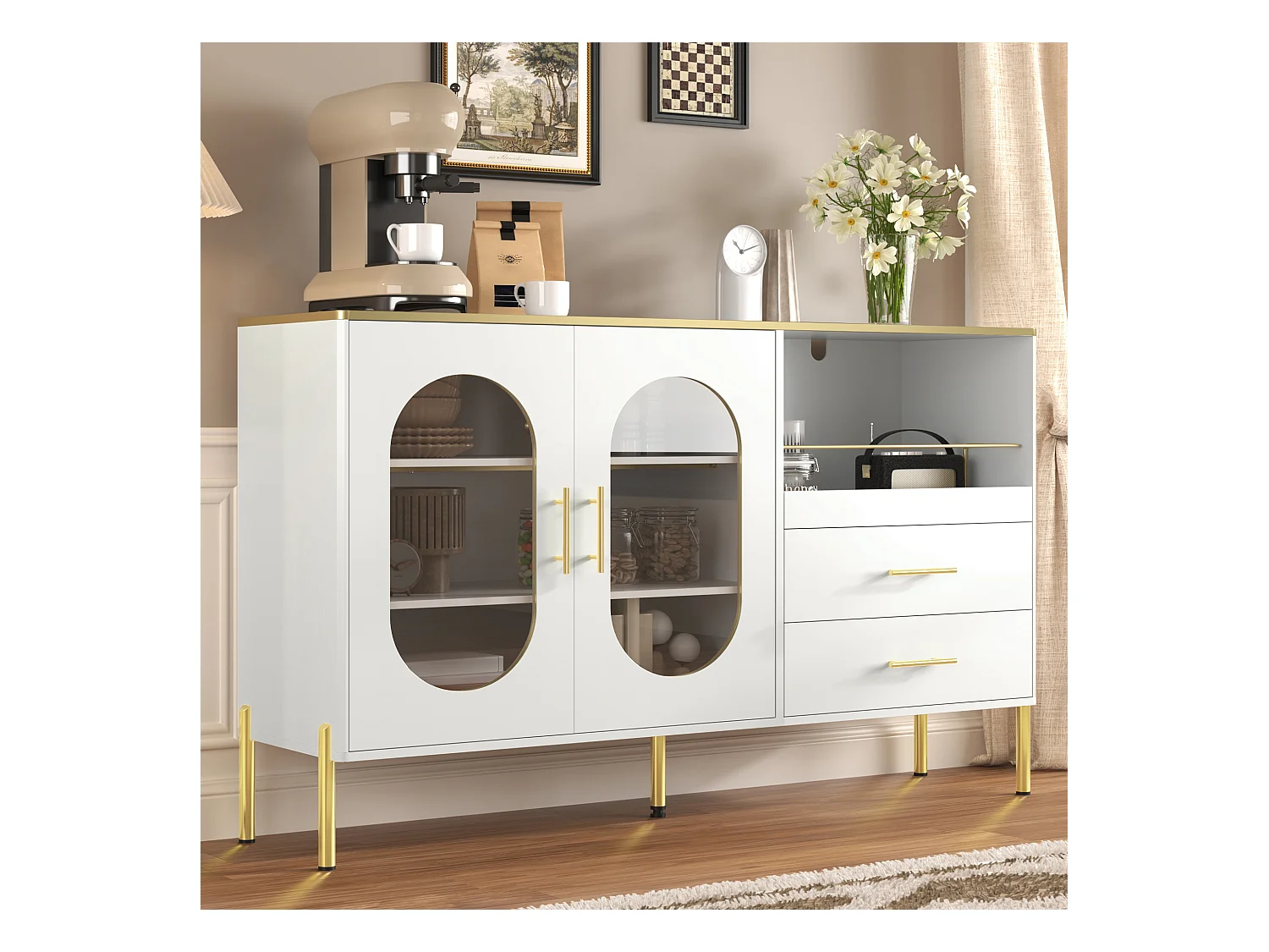 Buffet MDF bianco con porte vetrate e 2 cassetti, rangement salon salle à manger, pieds dorés
