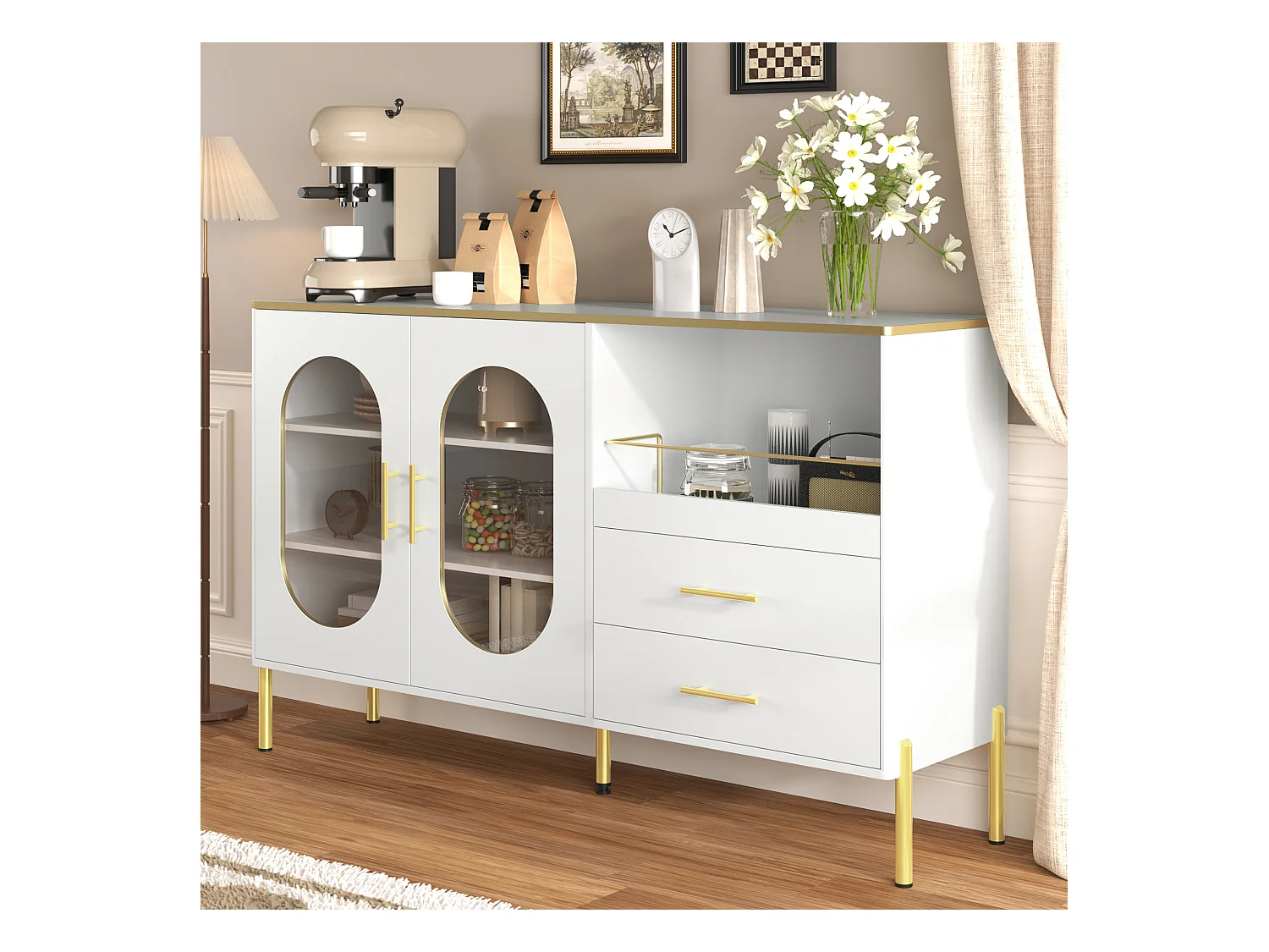 Buffet MDF bianco con porte vetrate e 2 cassetti, rangement salon salle à manger, pieds dorés