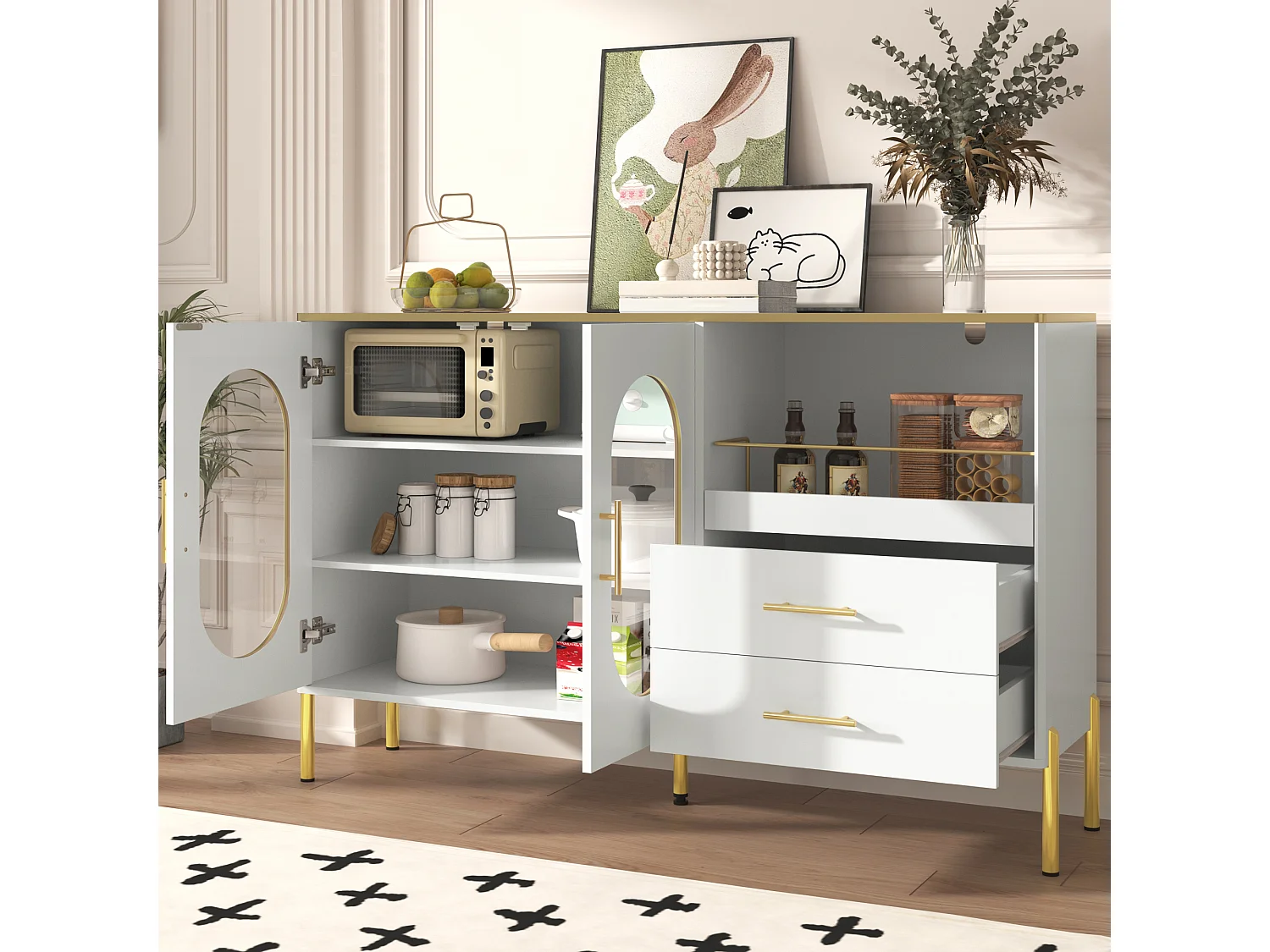 Buffet MDF bianco con porte vetrate e 2 cassetti, rangement salon salle à manger, pieds dorés