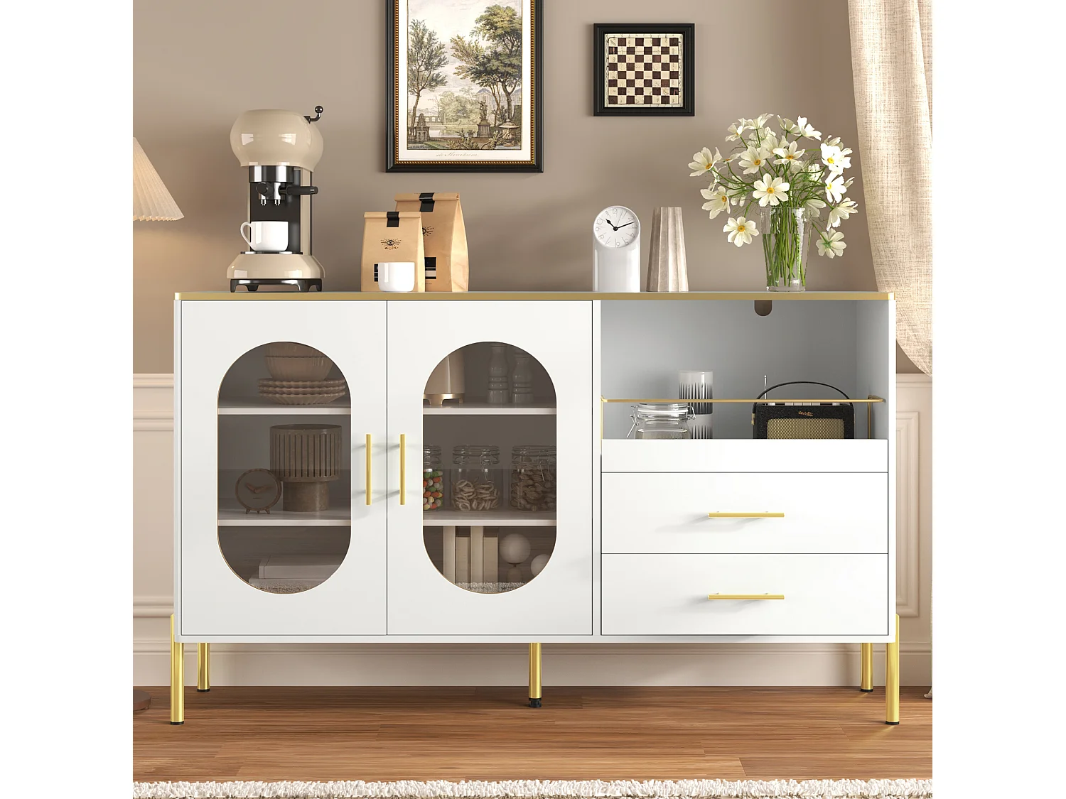 Aparador de MDF blanco con puertas de cristal y 2 cajones, almacenaje para salón comedor, patas doradas