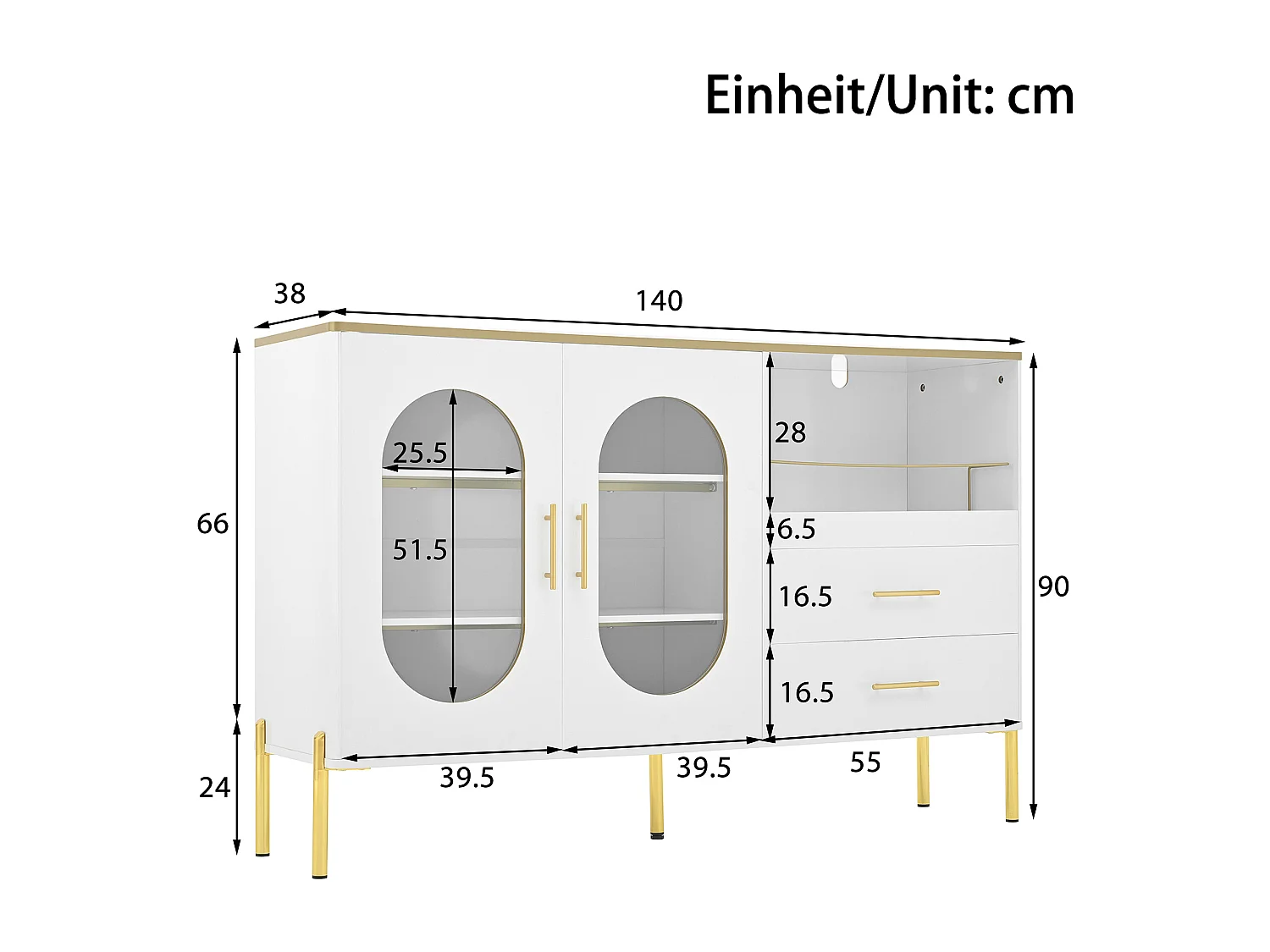 Aparador de MDF blanco con puertas de cristal y 2 cajones, almacenaje para salón comedor, patas doradas