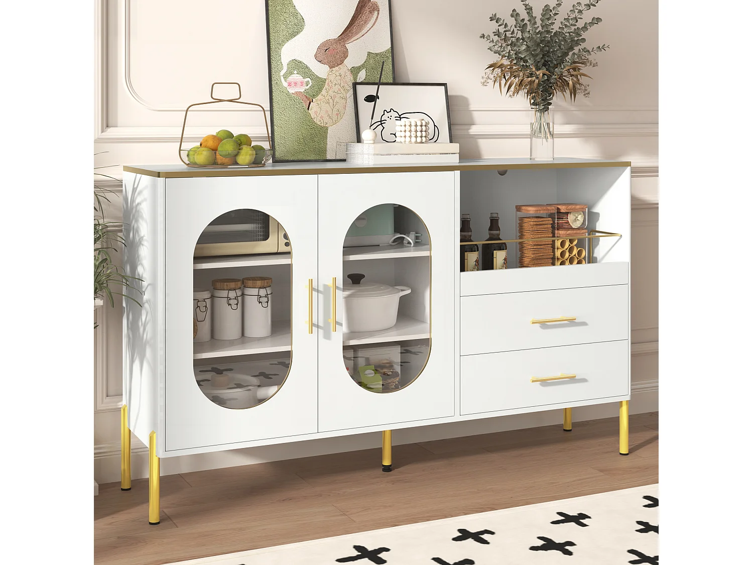 Aparador de MDF blanco con puertas de cristal y 2 cajones, almacenaje para salón comedor, patas doradas