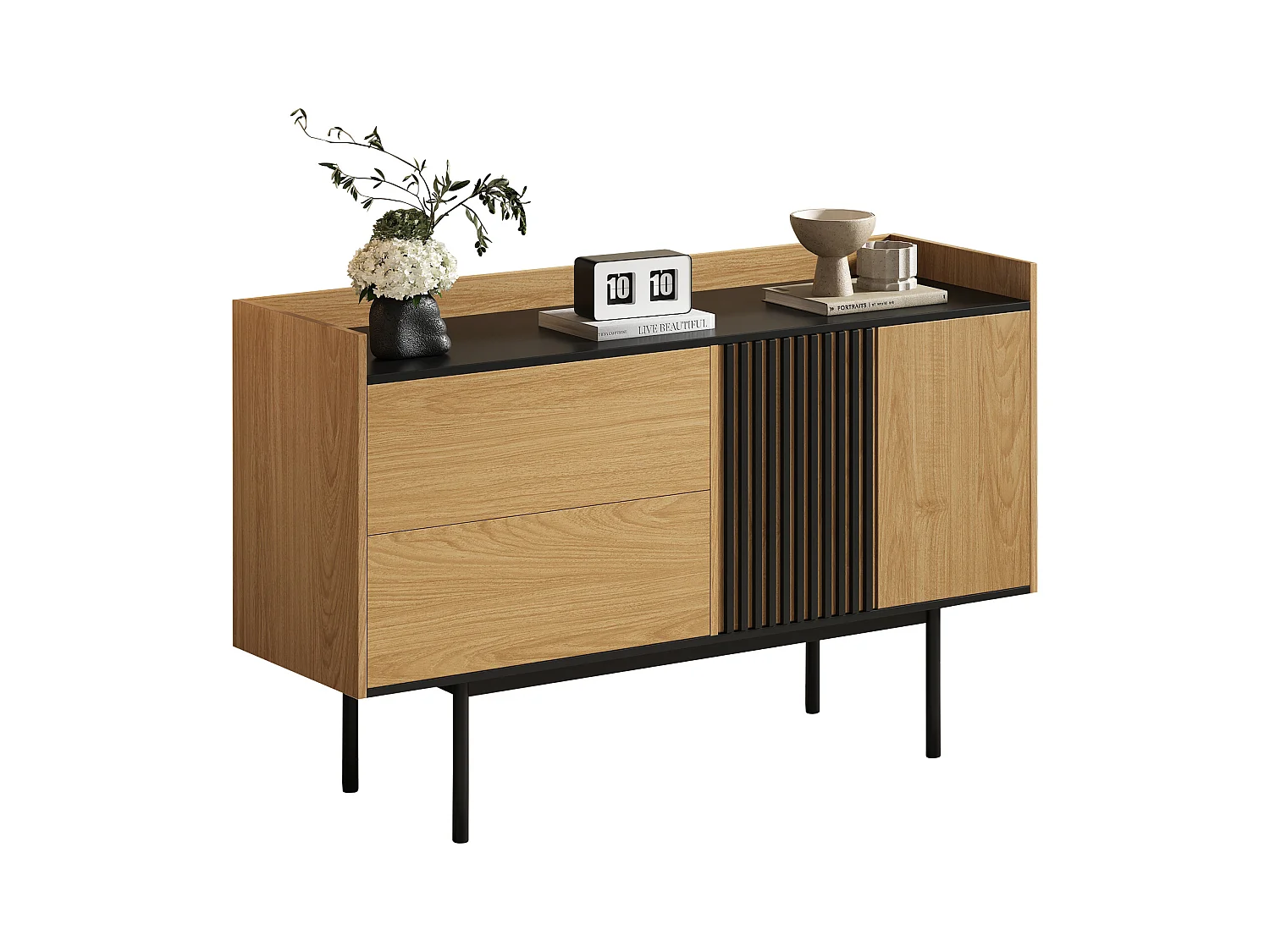 Buffet moderno in legno MDF con 2 cassetti regolabili con porte per salone, sala da pranzo naturale nera