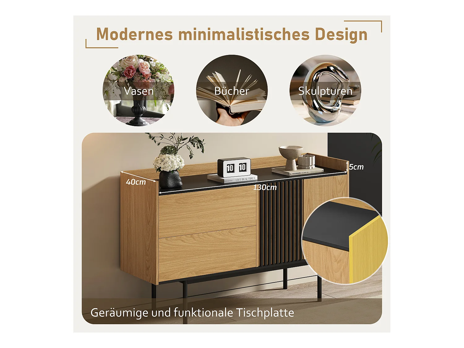 Buffet moderno in legno MDF con 2 cassetti regolabili con porte per salone, sala da pranzo naturale nera