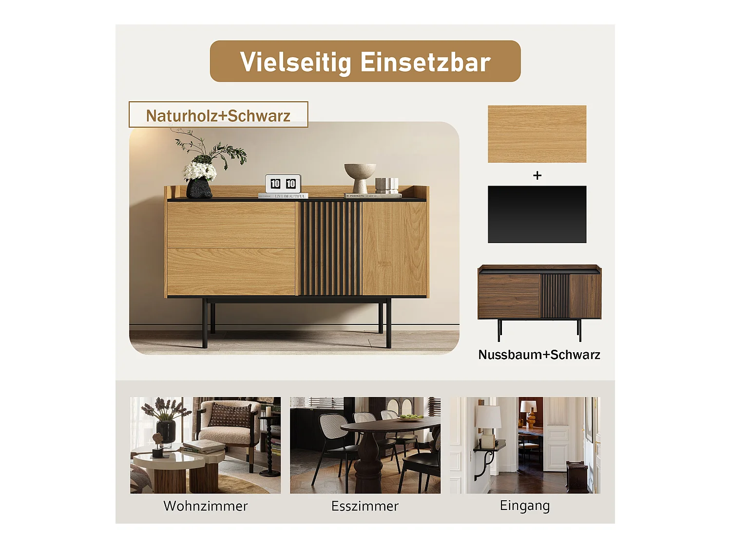 Buffet moderno in legno MDF con 2 cassetti regolabili con porte per salone, sala da pranzo naturale nera