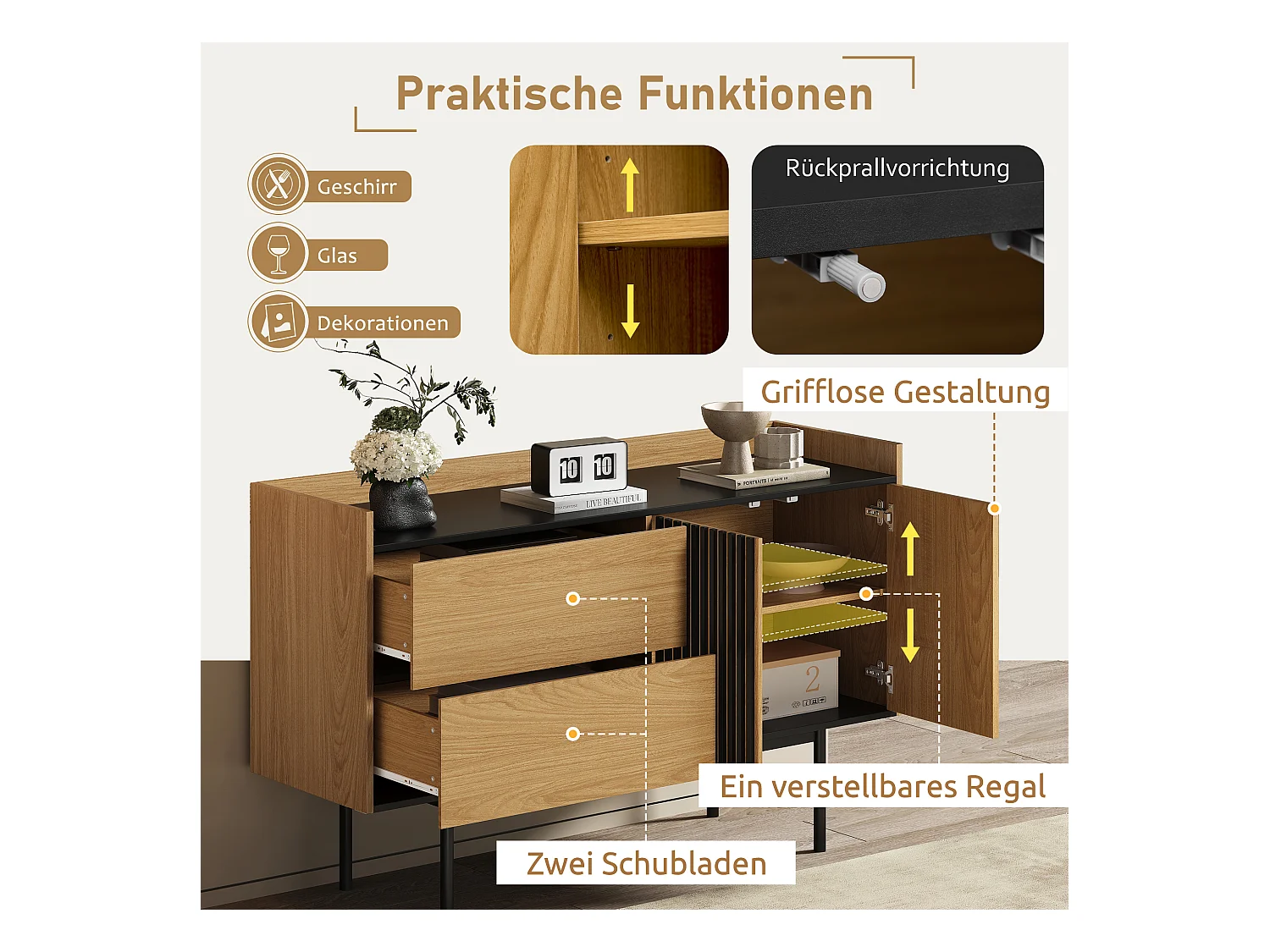 Buffet moderno in legno MDF con 2 cassetti regolabili con porte per salone, sala da pranzo naturale nera