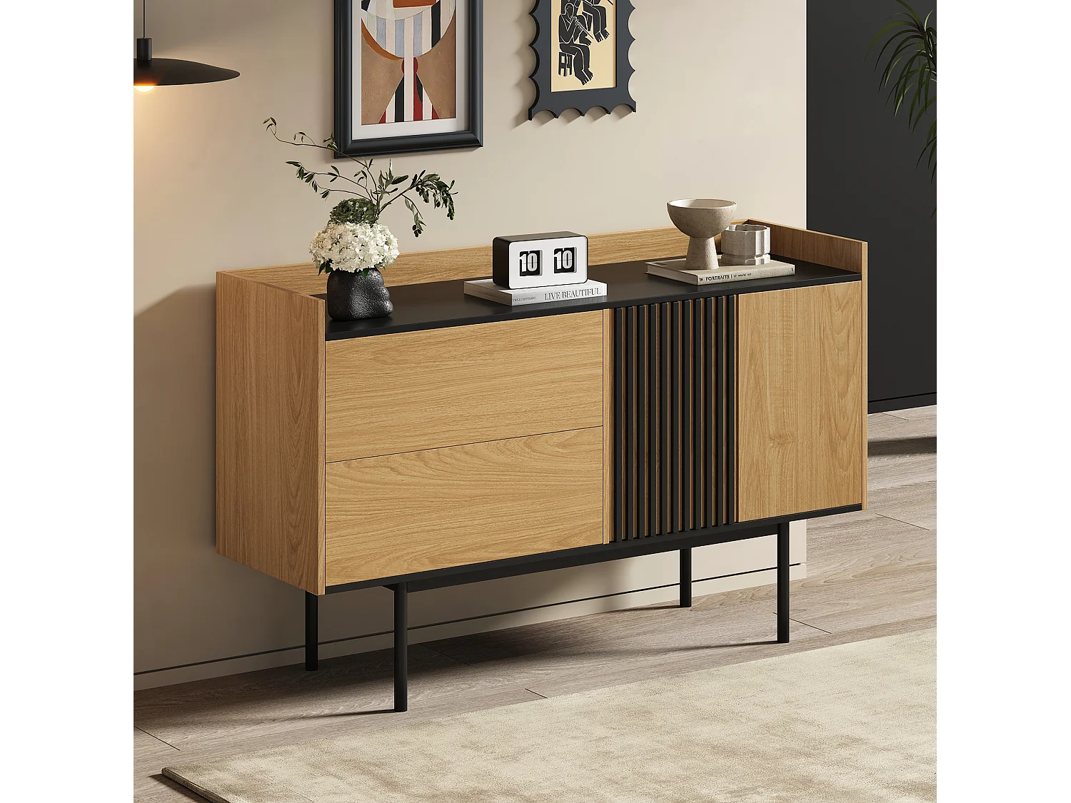 Aparador moderno em madeira MDF com 2 gavetas e prateleira ajustável com portas para sala de estar e jantar, preto natural